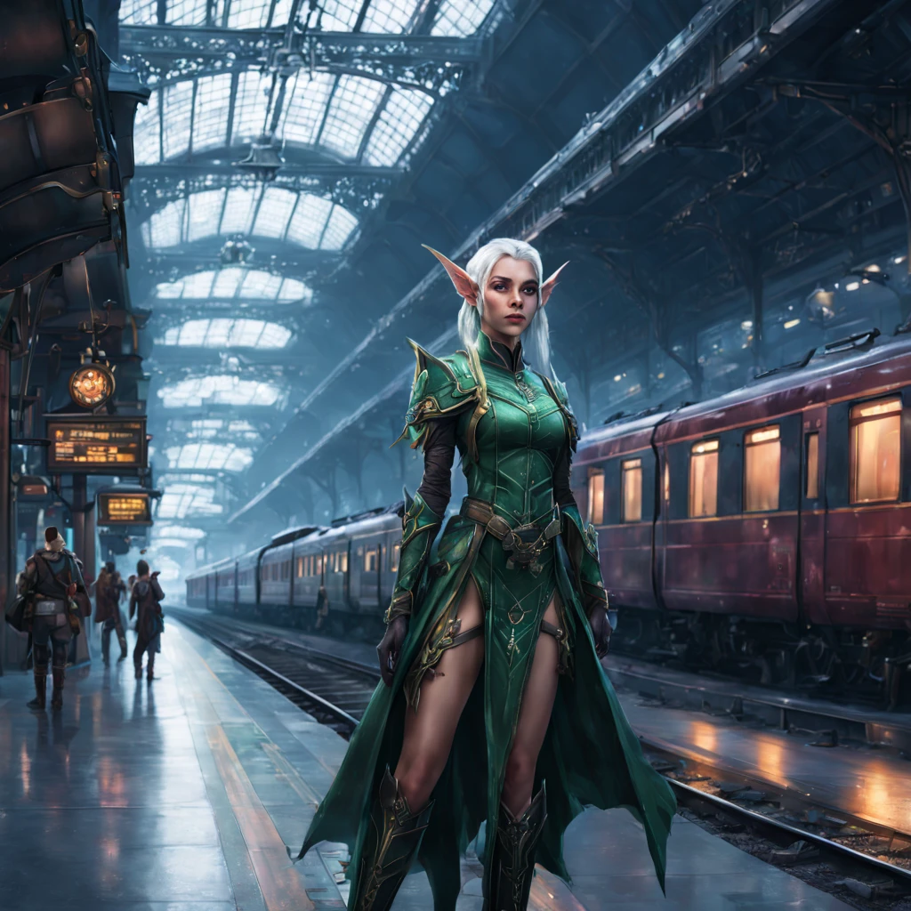 (Fantasy Elf|Cyberpunk) Elves wait at a magical train station for dragon pulled trains. The train station is very lavishly appointed
