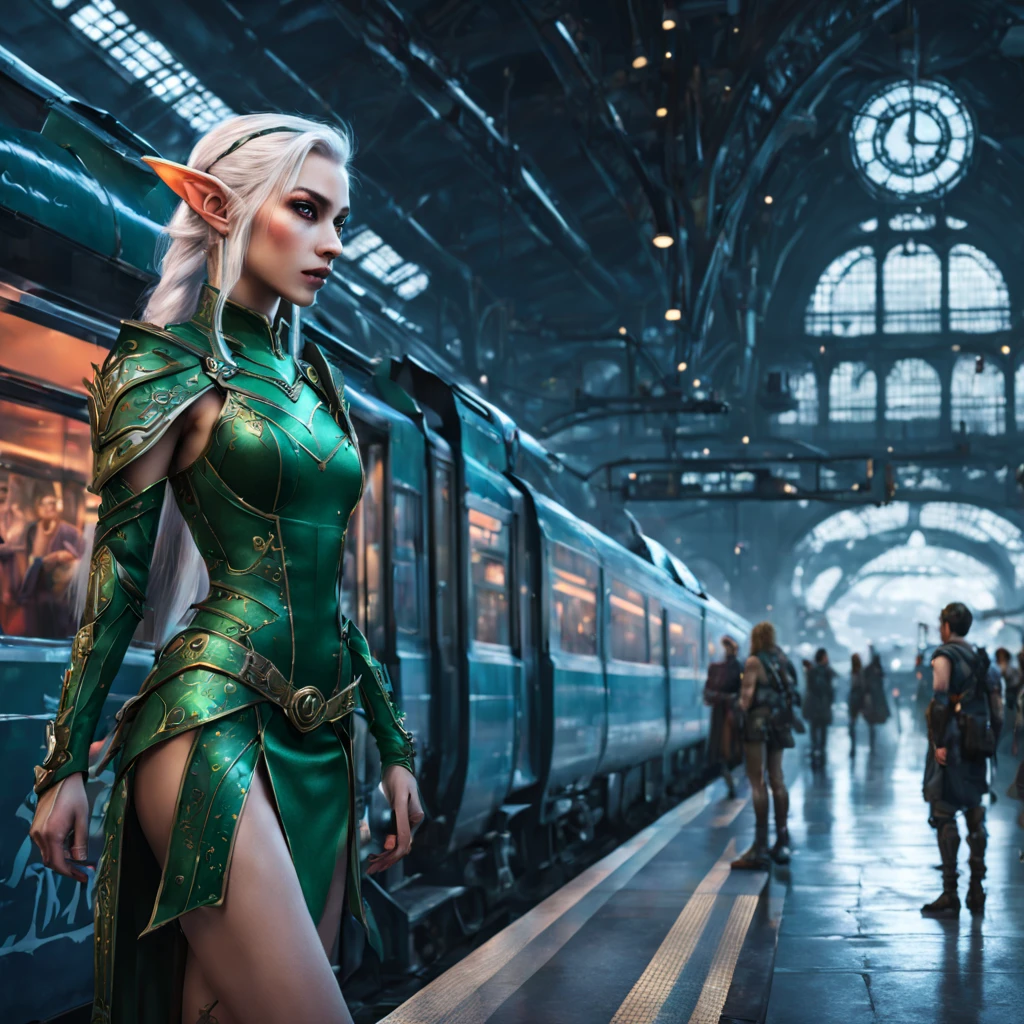 (Fantasy Elf|Cyberpunk) Elves wait at a magical train station for dragon pulled trains. The train station is very lavishly appointed
