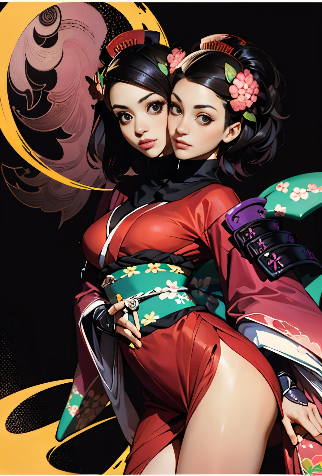 1 woman, masterpiece, portrait (enlargement:1.3), beautiful woman, from below, 
candy, hair flower, japanese clothes, Armor, kimono, thighs, 
abstract background,  ((two heads:1.5))