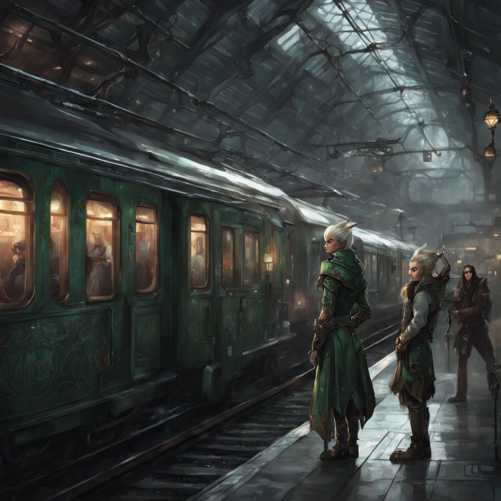 (Fantasy Elf|Cyberpunk) Elves wait at a magical train station for dragon pulled trains. The train station is very lavishly appointed