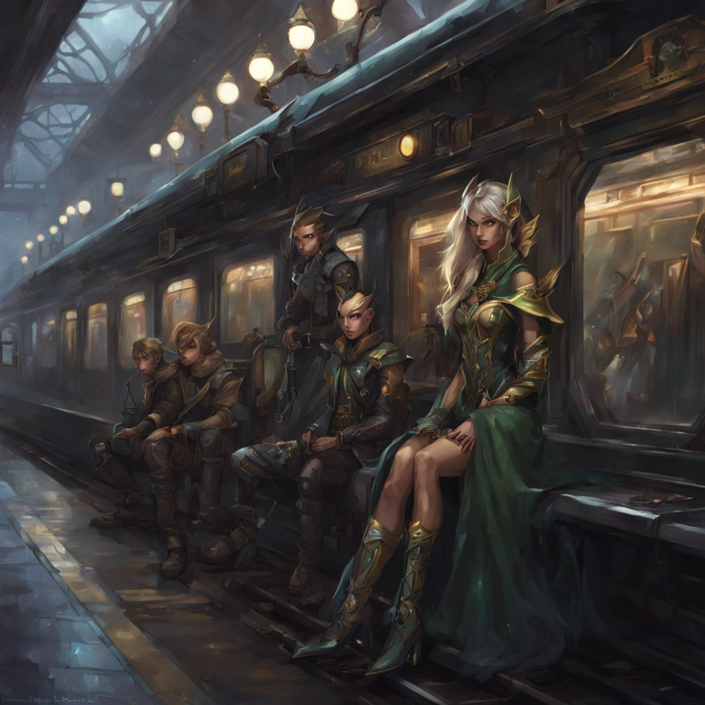 (Fantasy Elf|Cyberpunk) Elves wait at a magical train station for dragon pulled trains. The train station is very lavishly appointed