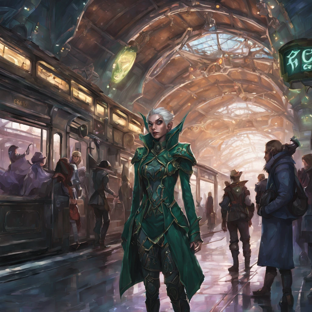 (Fantasy Elf|Cyberpunk) Elves wait at a magical train station for dragon pulled trains. The train station is very lavishly appointed