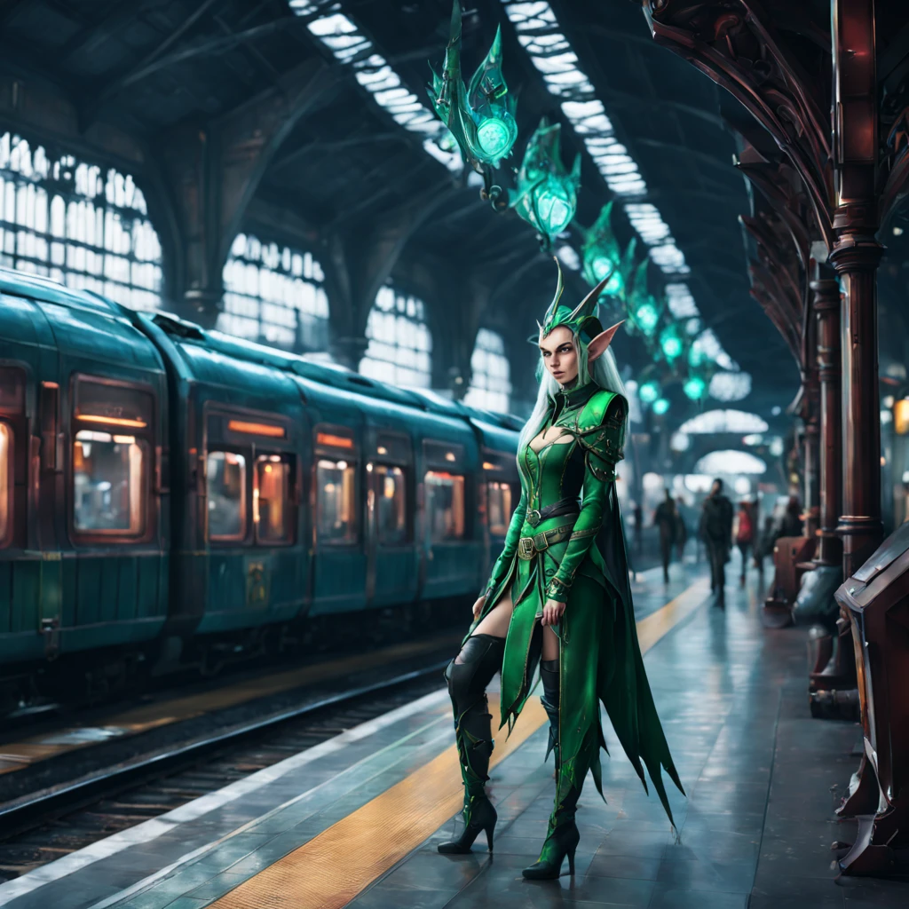 (Fantasy Elf|Cyberpunk) Elves wait at a magical train station for dragon pulled trains. The train station is very lavishly appointed