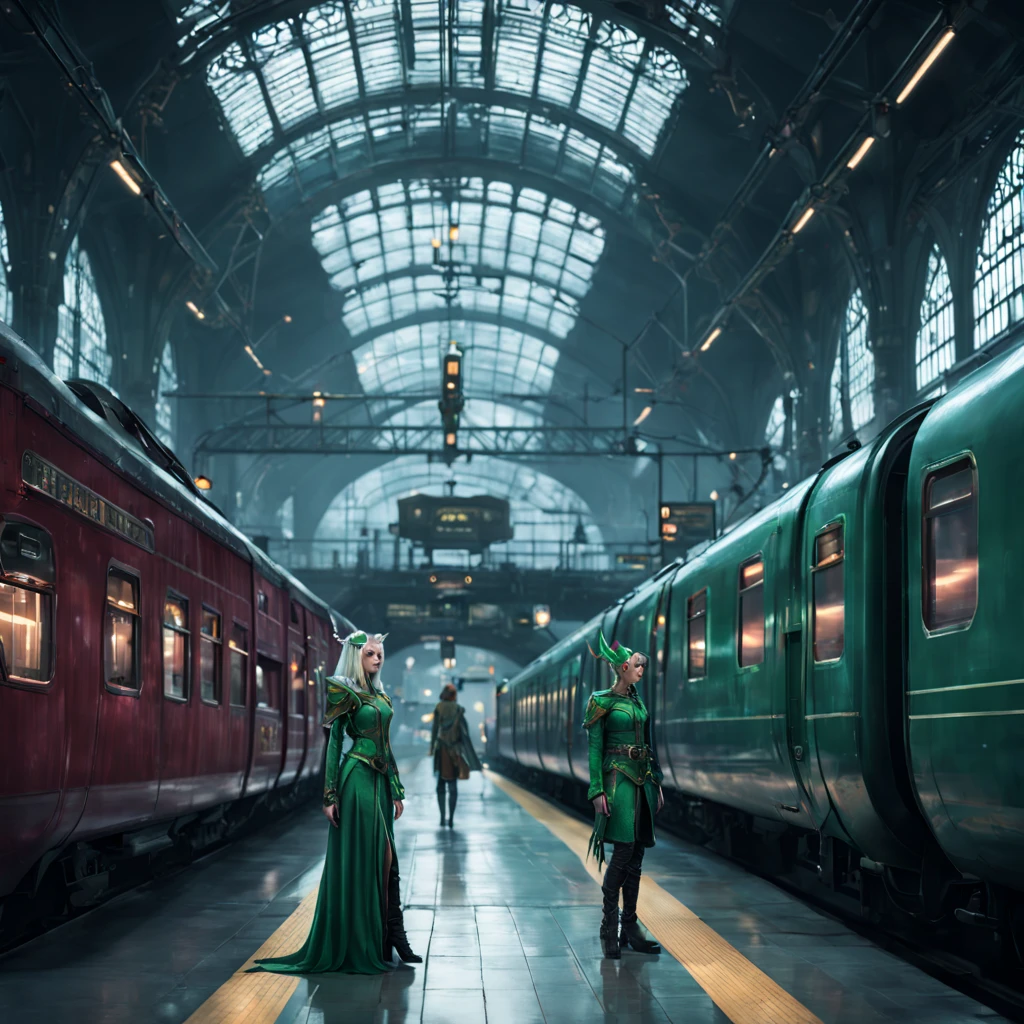 (Fantasy Elf|Cyberpunk) Elves wait at a magical train station for dragon pulled trains. The train station is very lavishly appointed