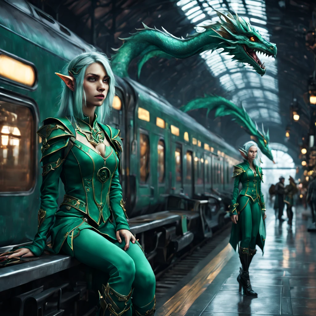 (Fantasy Elf|Cyberpunk) Elves wait at a magical train station for dragon pulled trains. The train station is very lavishly appointed
