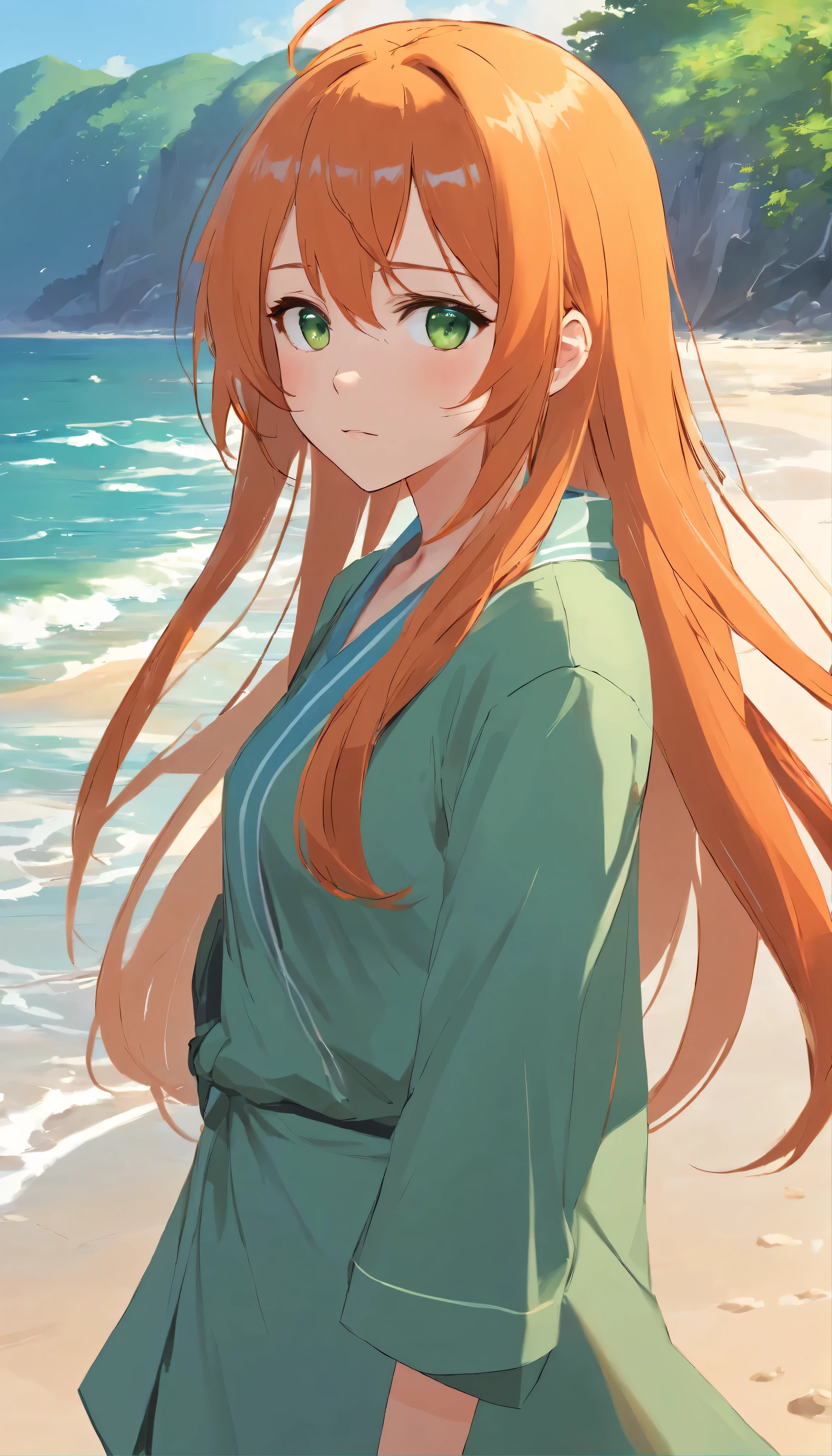 Anime girl with long orange hair, standing on the beach near the ocean, green eyes detailed digital anime art, Anime girl with long hair, гладкое аниме cg art, Anime girl with long hair, digital anime art, work in Guweiz style, Beautiful anime portrait, Photorealistic render of an anime girl, Beautiful anime girl, advanced digital anime art, guweiz на artstation pixiv HD UHD HQ