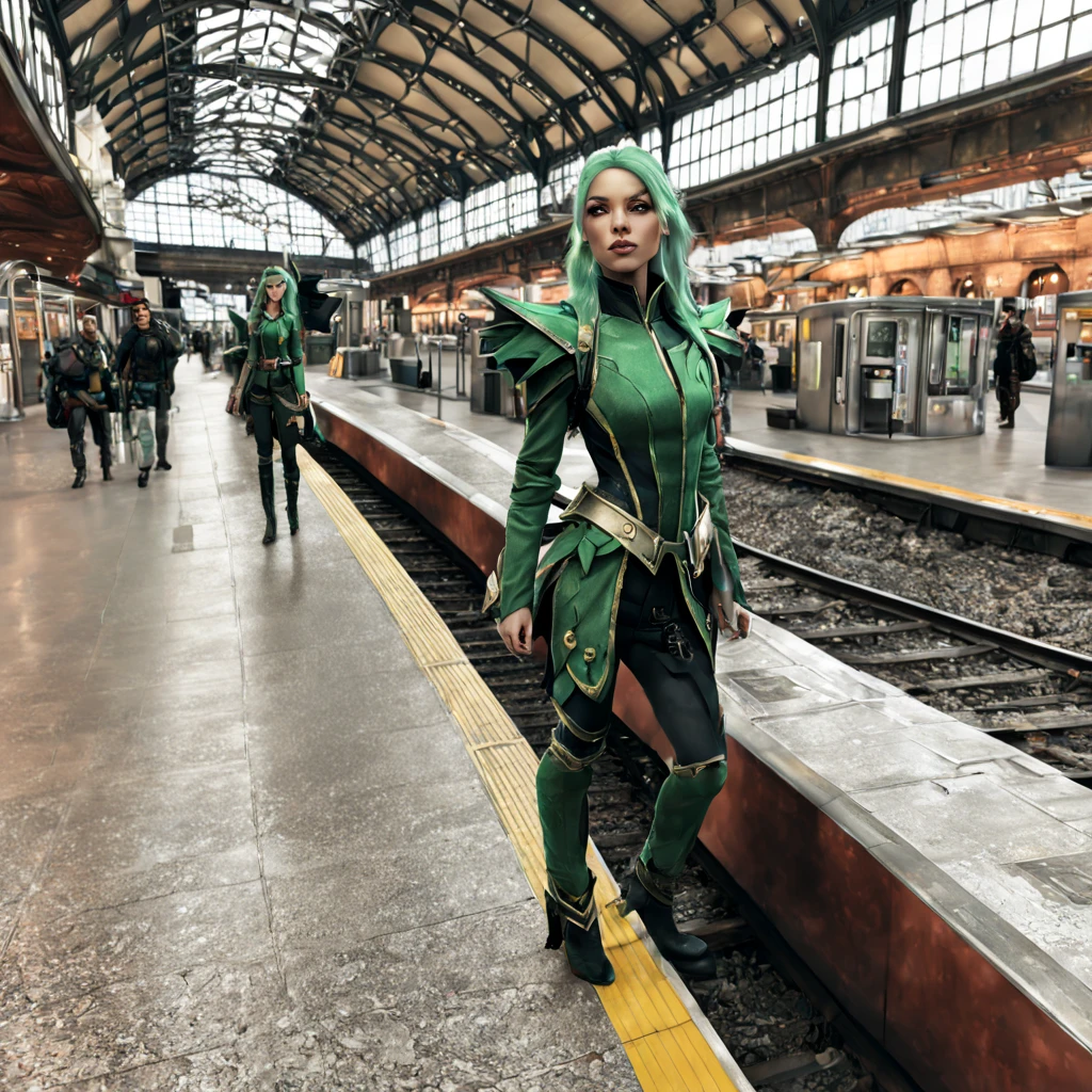 (best quality,4k,8k,highres,masterpiece:1.2),ultra-detailed,(realistic,photorealistic,photo-realistic:1.37),steam punk,a luxurious Train Station,spotlessly clean,several steam punk entertainment gadgets are present,golden steam-powered machines,exquisite clockwork mechanisms,elaborate brass gears and cogs,steaming pipes and valves,ornate Victorian architecture,impeccably polished marble floors,vintage leather-upholstered seating,gleaming crystal chandeliers,elegant top hats and corsets,curved wrought-iron staircases,copper-clad ticket booths,an opulent waiting lounge with plush velvet seats,an old-fashioned ticket conductor standing at the platform,steam-powered trains arriving and departing with a majestic hissing sound,couples in elegant attire waiting to board the train,a sense of excitement and anticipation in the air,beautifully painted vintage train carriages,puffs of steam billowing from the engines,strategically placed gas lamps casting a warm glow,sounds of clinking tea cups and laughter from a nearby café,vivid colors of rich burgundy,deep emerald green,and shimmering gold,all perfectly illuminated by the soft natural light streaming through large stained glass windows,captured in a timeless moment of Victorian elegance and steam-powered marvels.