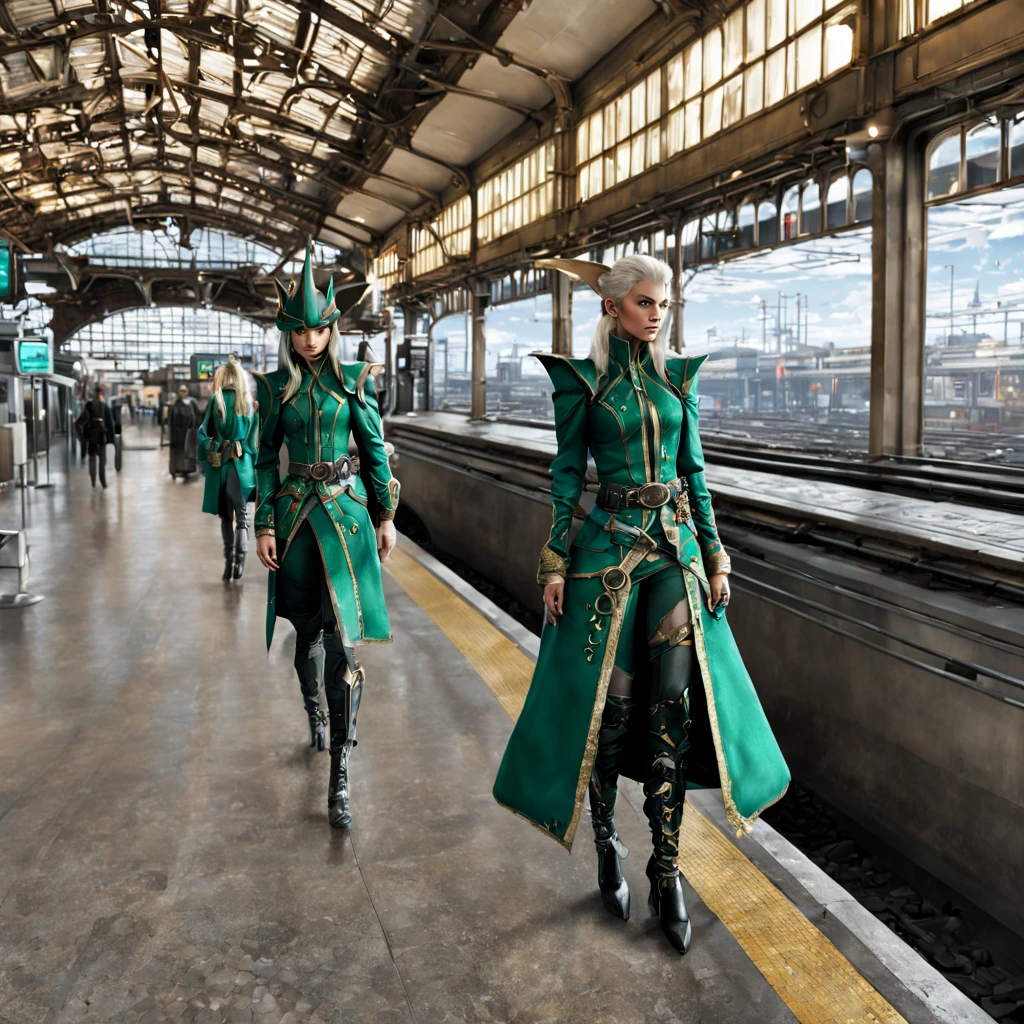 (best quality,4k,8k,highres,masterpiece:1.2),ultra-detailed,(realistic,photorealistic,photo-realistic:1.37),steam punk,a luxurious Train Station,spotlessly clean,several steam punk entertainment gadgets are present,golden steam-powered machines,exquisite clockwork mechanisms,elaborate brass gears and cogs,steaming pipes and valves,ornate Victorian architecture,impeccably polished marble floors,vintage leather-upholstered seating,gleaming crystal chandeliers,elegant top hats and corsets,curved wrought-iron staircases,copper-clad ticket booths,an opulent waiting lounge with plush velvet seats,an old-fashioned ticket conductor standing at the platform,steam-powered trains arriving and departing with a majestic hissing sound,couples in elegant attire waiting to board the train,a sense of excitement and anticipation in the air,beautifully painted vintage train carriages,puffs of steam billowing from the engines,strategically placed gas lamps casting a warm glow,sounds of clinking tea cups and laughter from a nearby café,vivid colors of rich burgundy,deep emerald green,and shimmering gold,all perfectly illuminated by the soft natural light streaming through large stained glass windows,captured in a timeless moment of Victorian elegance and steam-powered marvels.