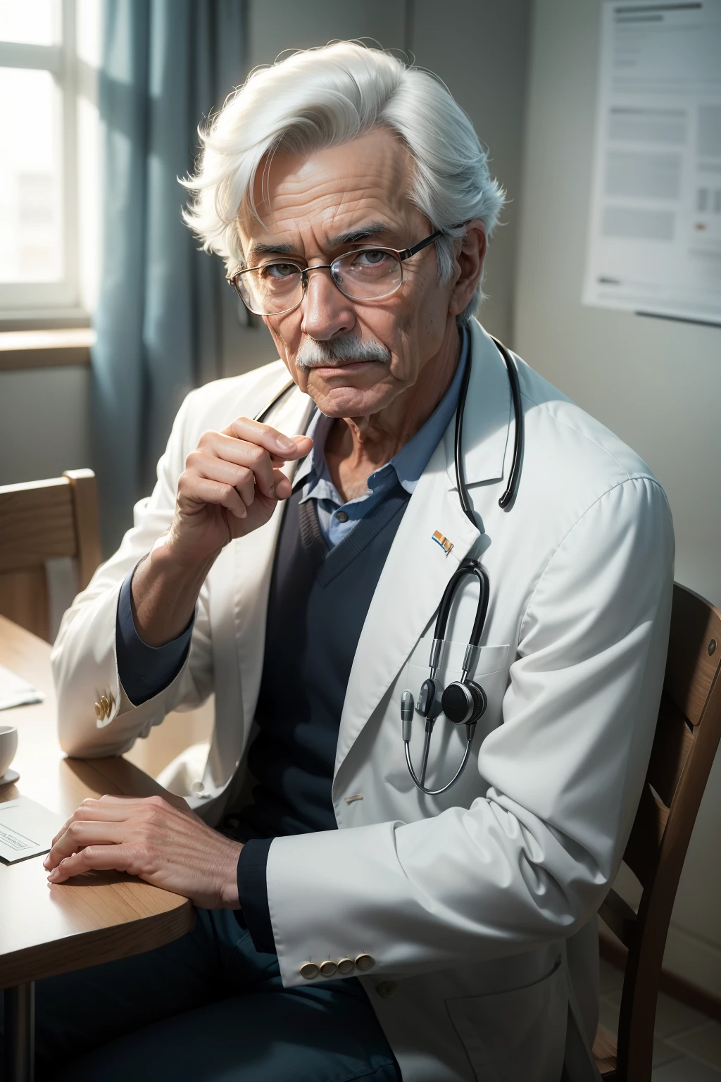 65 year old male doctor, cabelo curto, sitting at a nearby table, white coat dress and stethoscope, Good looking, holding a pair of glasses that need to be visible with one hand and the other hand pointing with the index finger in front of the camera.
Your face is defiant.
He is inside an ophthalmologist's office.
The style is a realistic photograph taken in daylight using a 35mm lens in 4k, super detalhada, contraste aplicado, with direct beta lighting. -- ar 9:16 --