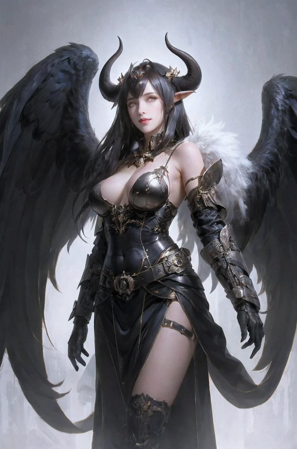 1girl, breasts, solo, horns, long hair, albedo (overlord), wings, large breasts, dress, hip vent, black wings, white gloves, gloves, looking at viewer, black hair, white dress, bare shoulders, hair between eyes, yellow eyes, feathered wings, demon horns, smile, feathers, demon girl, cleavage, slit pupils, detached collar, bangs, very long hair, closed mouth, black feathers, cowboy shot, covered navel, elbow gloves, white horns, standing, demon wings ,