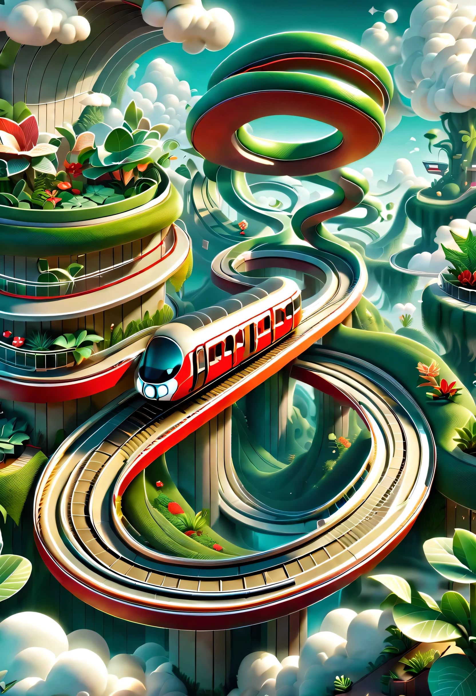 digital illustration，flat style，flat，3d，platform，magical station。inspired by snakes，curved track，Extra long red train station，train circling in the sky：1.37，By the train：1.37，Air orbit，cute elf，transparent train，A train full of plants，high-end，advanced，Clean，neat，