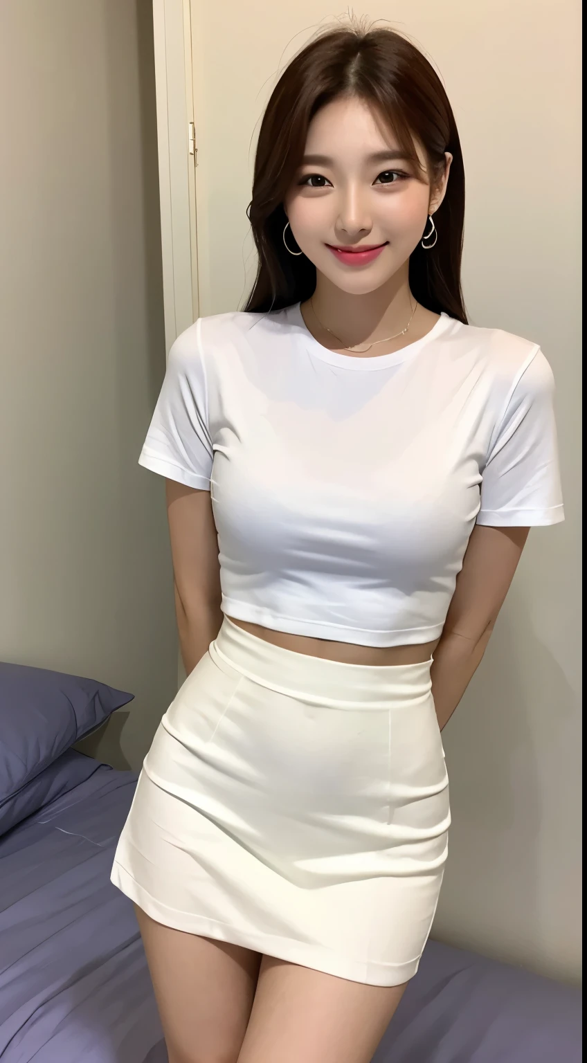 white tight shirt、white tight mini skirt、bed、smile、short sleeve、high resolution、Korean idol face