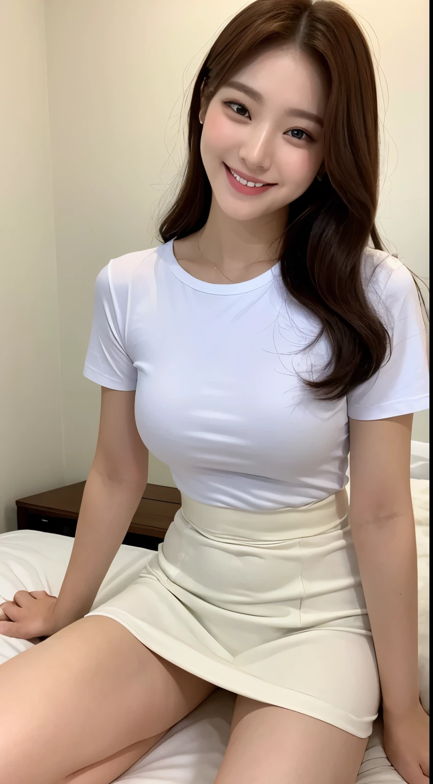 white tight shirt、white tight mini skirt、bed、smile、short sleeve、high resolution、Korean idol face