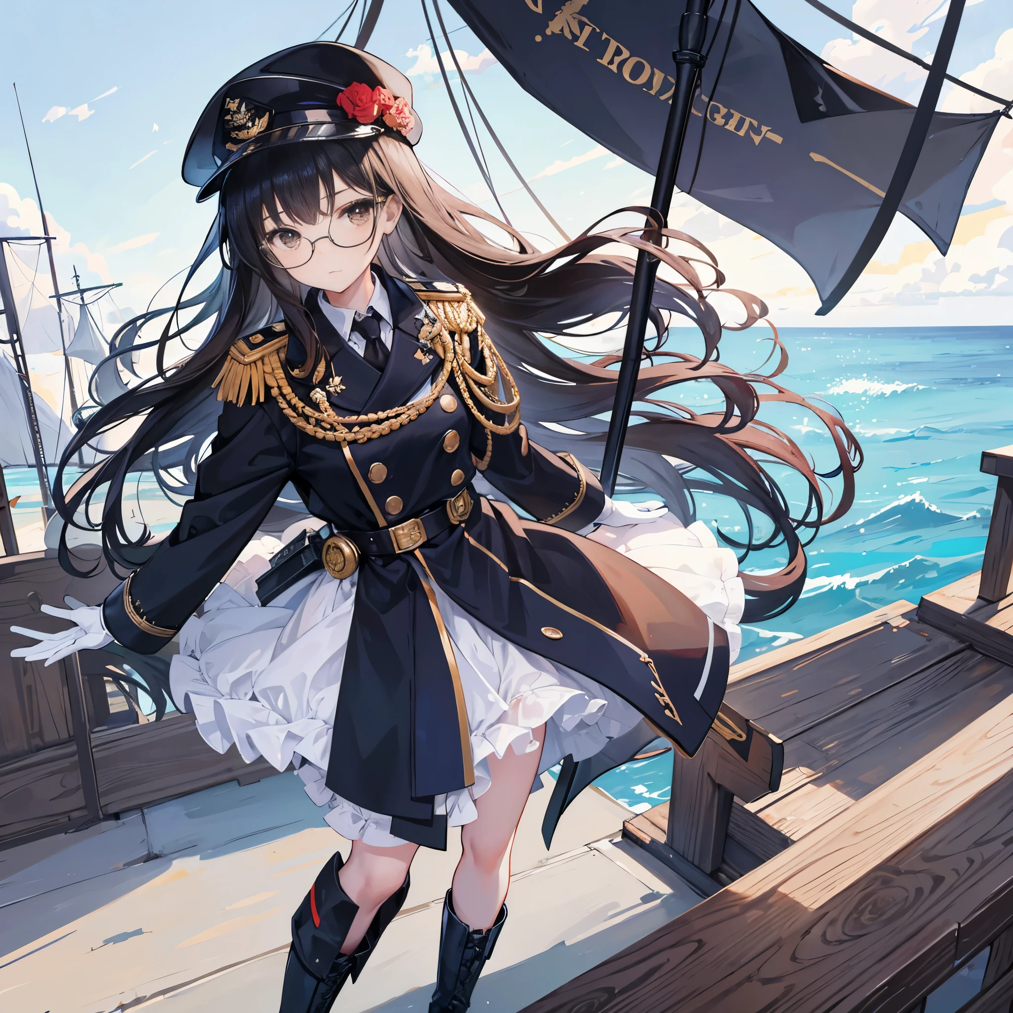 Masterpiece,higher quality,Single person picture,18 year old charming beauty,Oval face,black glasses,brown eyes,black hair,Long straight hair,fair skin,young and energetic,royal navy uniform,Navy admiral's cap,leather boots,white gloves,epaulettes,sword,16th century sail warship,The girl stands on the deck of the battleship and directs the navigation
