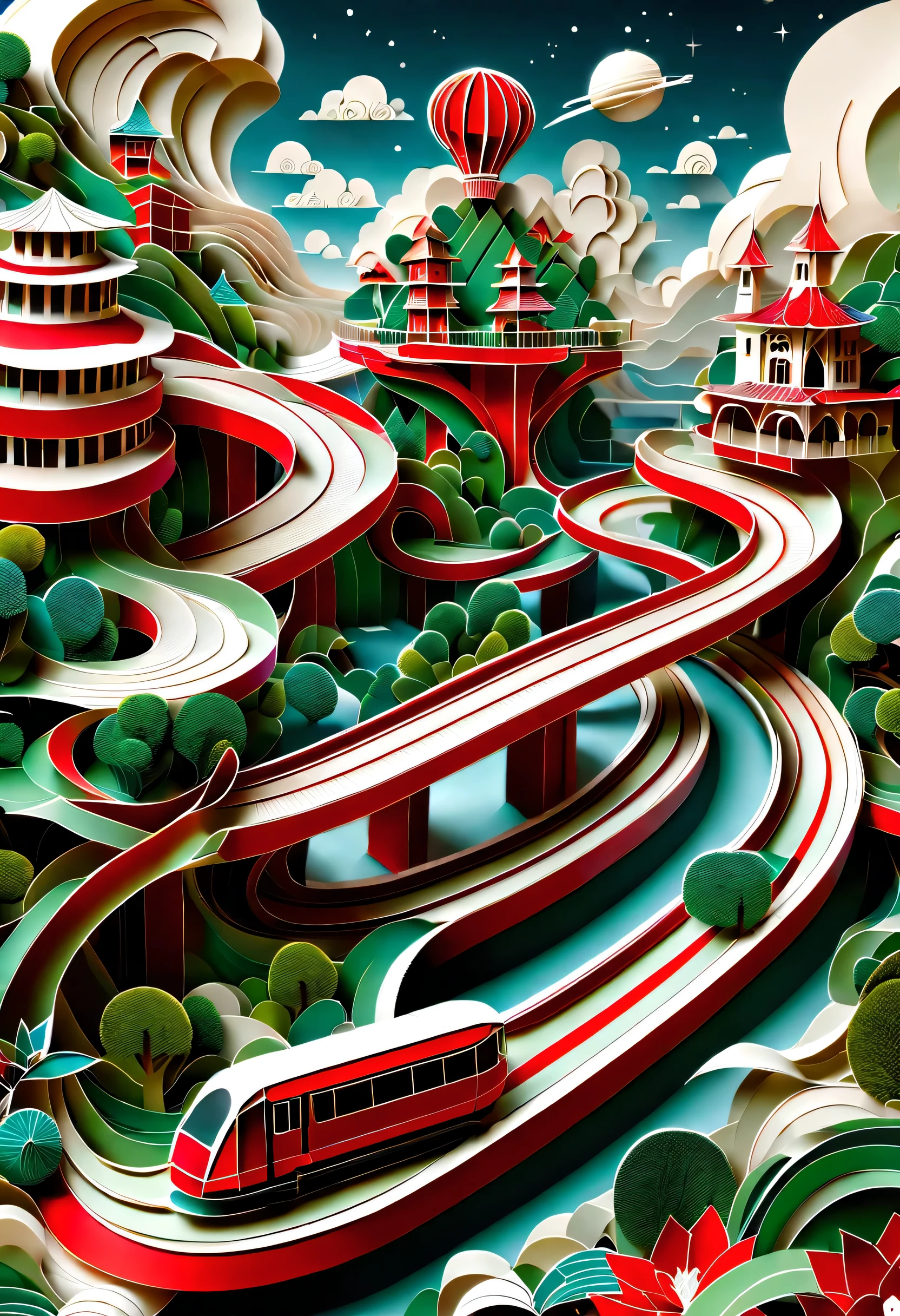 Paper-cut art，layered，stack，digital illustration，flat style，flat，3d，platform，magical station。火车输出platform，inspired by snakes，curved track，Extra long red train station，train circling in the sky：1.37，By the train：1.37，Air orbit，high-end，advanced，Clean，neat，micro landscape，