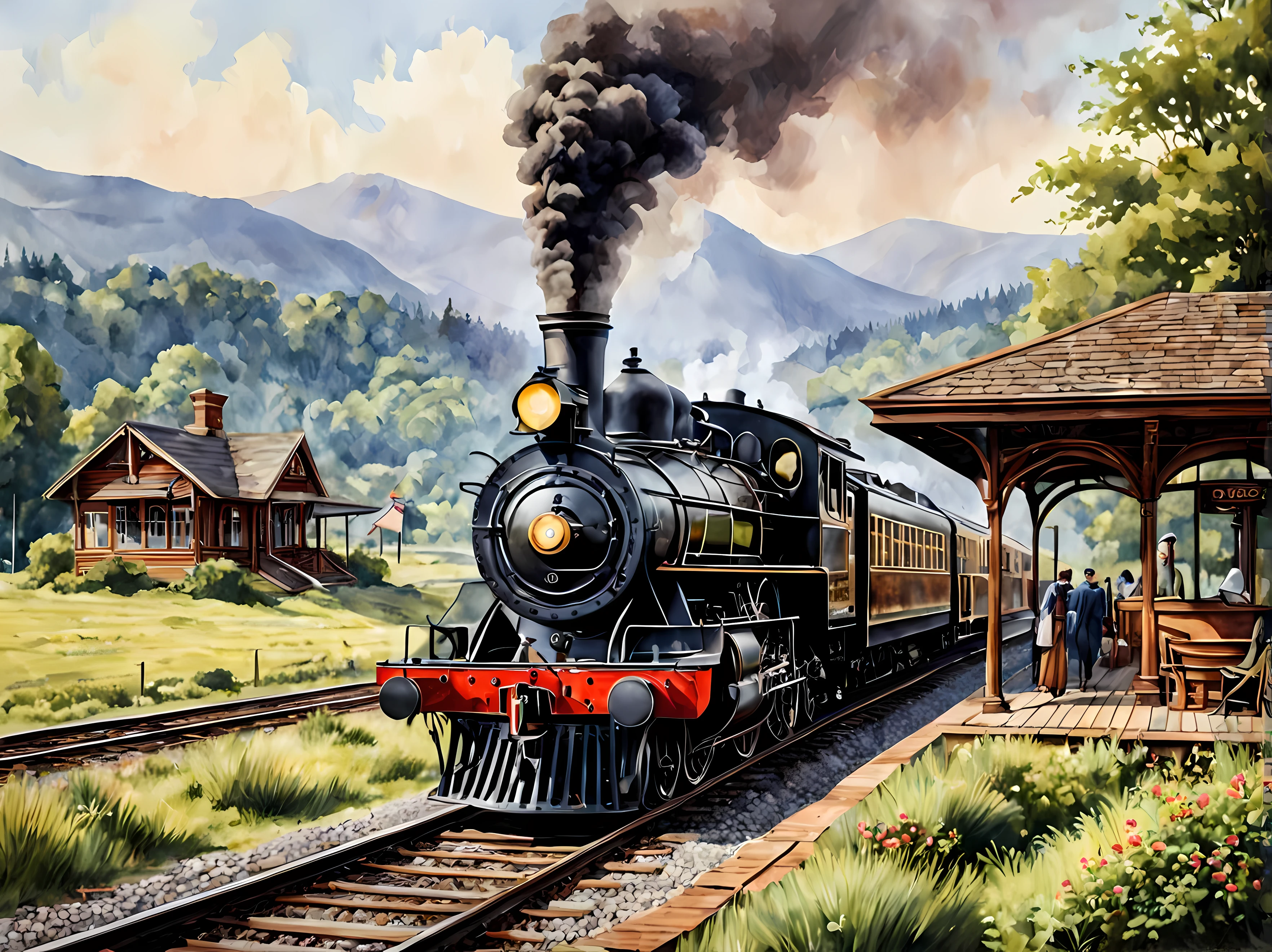 A captivating watercolor painting of a vintage train station with an old-fashioned steam locomotive, the Victorian-era architecture, wooden platform, a beautiful backdrop with rolling hills, passengers boarding the train, nostalgic ambiance, masterpiece in maximum 16K resolution, superb quality. | ((More_Detail))