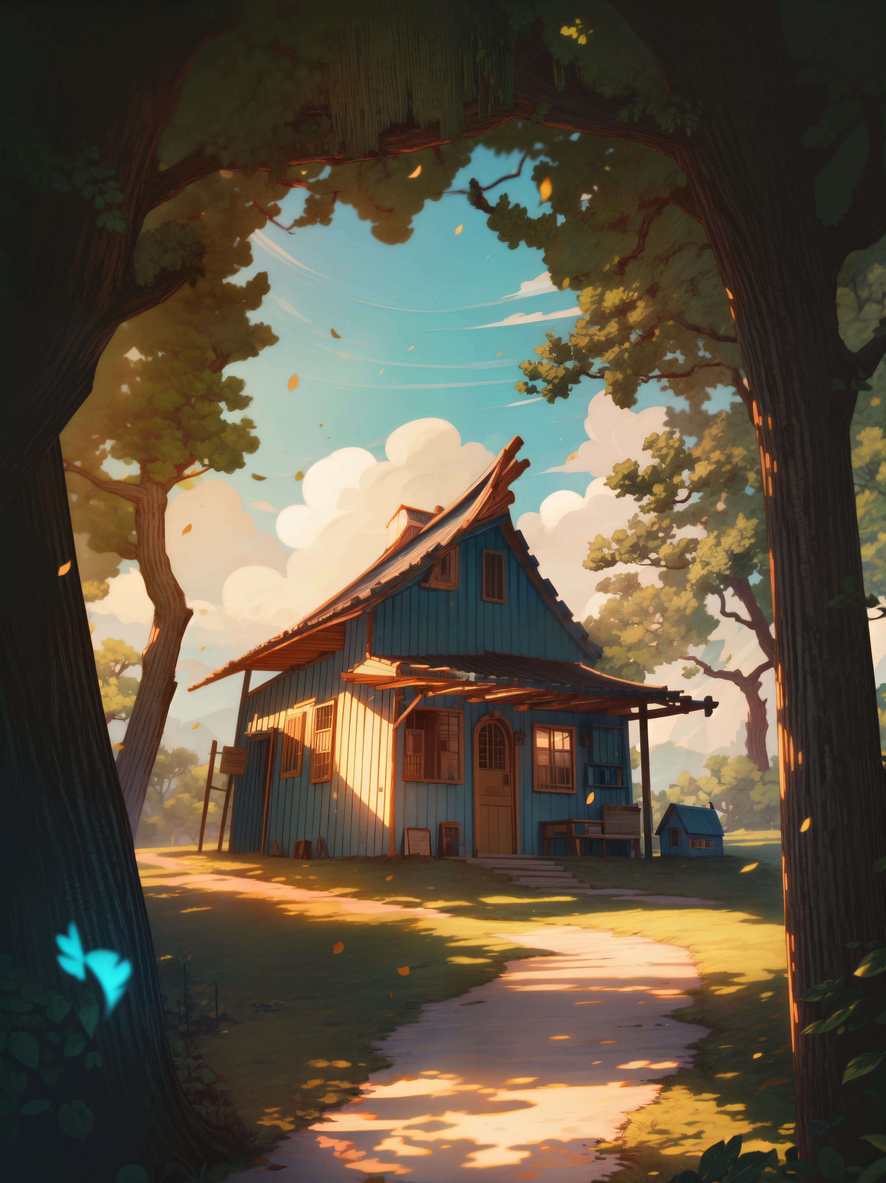 (masterpiece:1), (Wide view), masterpiece, (a blue hut under a huge centuries old banyan trees with many branches:1.4), (dense green fields with long grass:1.3), countryside, (colorful flowers growing in patches:1.1), blue cloudy sky, (Dim volumetric light:1.4), peaceful, (scattered clouds), (shadow of tree falling on ground:1.4), (pebbles), beautiful tones, subtle colors, peaceful, no human, (illustration: 1.0), epic composition, realistic lighting, HD details, masterpiece, best quality, (very detailed CG unified 8k wallpaper)