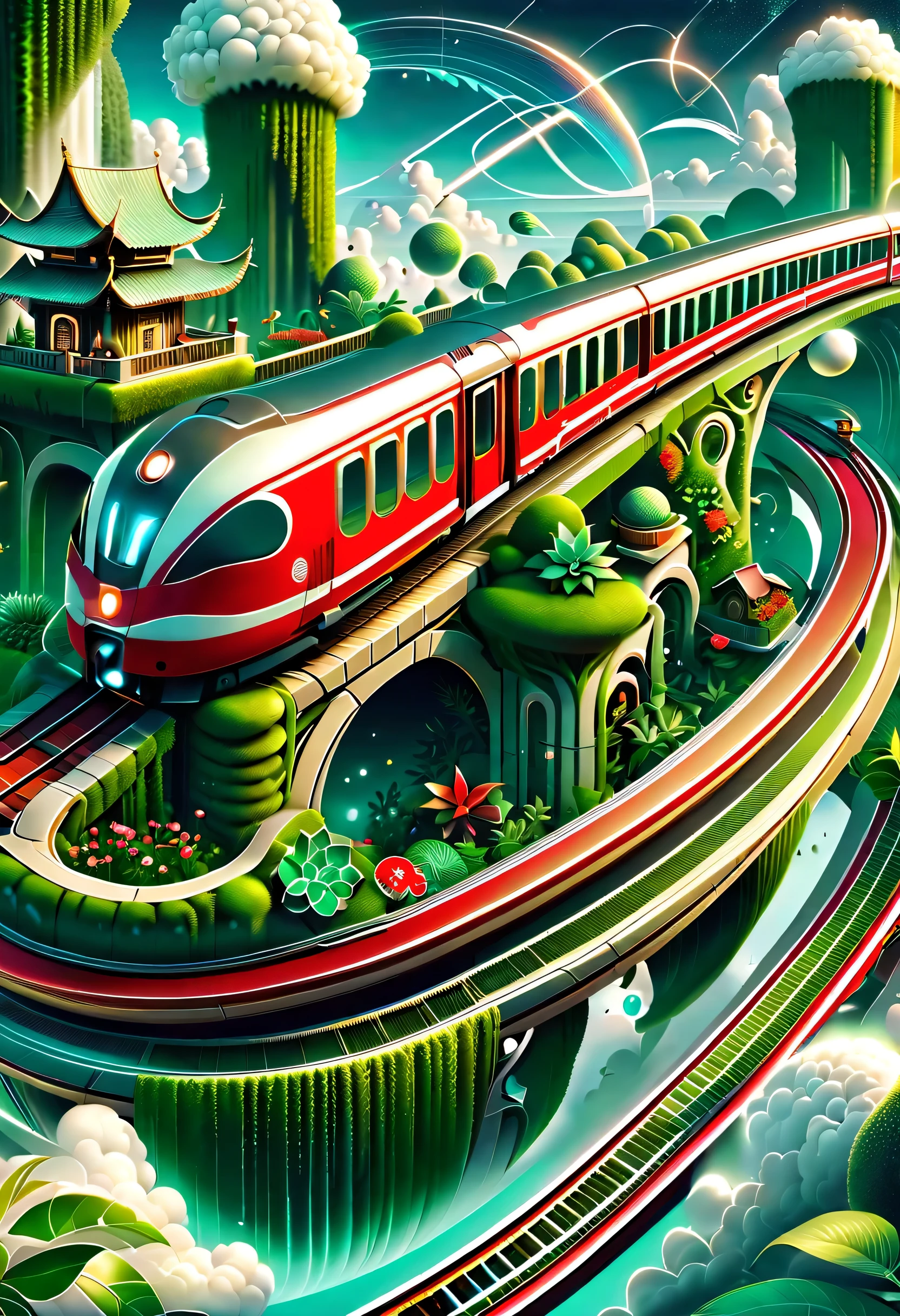 digital illustration，flat style，flat，3d，platform，magical station。The train arrives，platform，ancient building，curved track，Extra long red train station，By the train：1.37，Air orbit，transparent train，A train full of plants，high-end，advanced，Clean，neat，