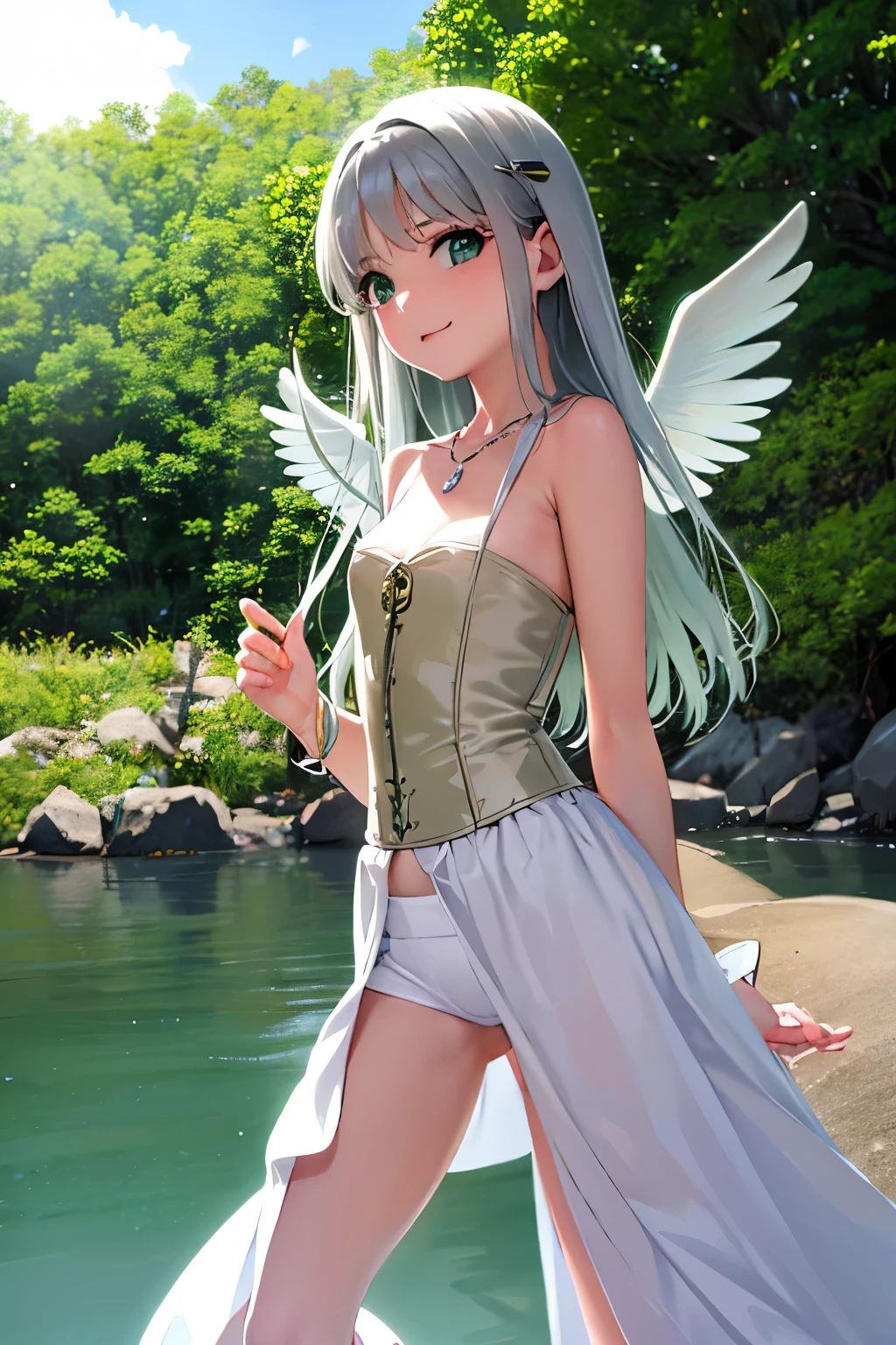 Cabello largo plateado, ojos verdes, headband, corset, skirt, flat breast, necklace, wings, ram horns, sonrisa, happy, abdomen lindo, muslos hermosos, forest
