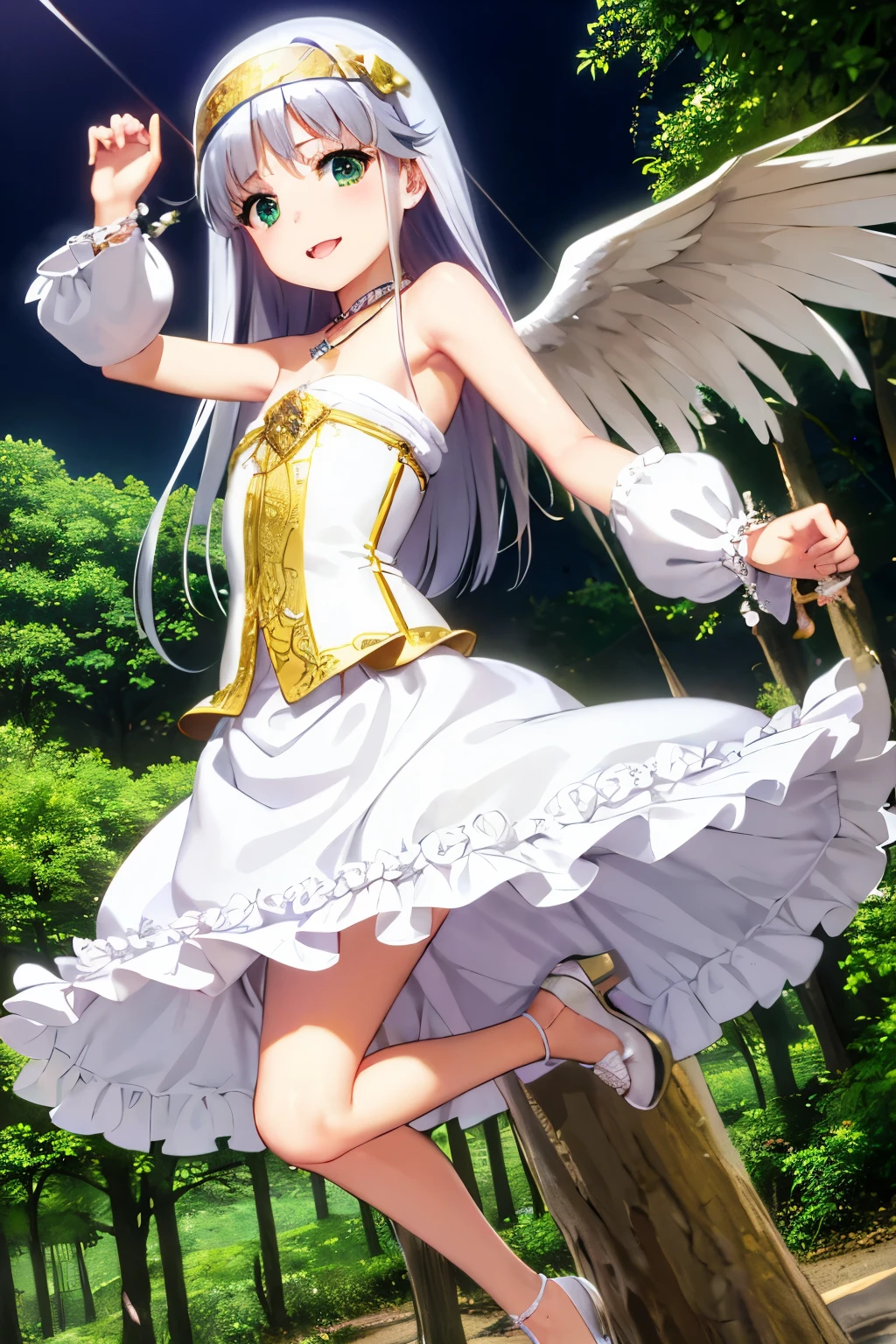 Cabello largo plateado, ojos verdes, headband, corset, skirt, flat breast, necklace, wings, ram horns, sonrisa, happy, abdomen lindo, muslos hermosos, forest