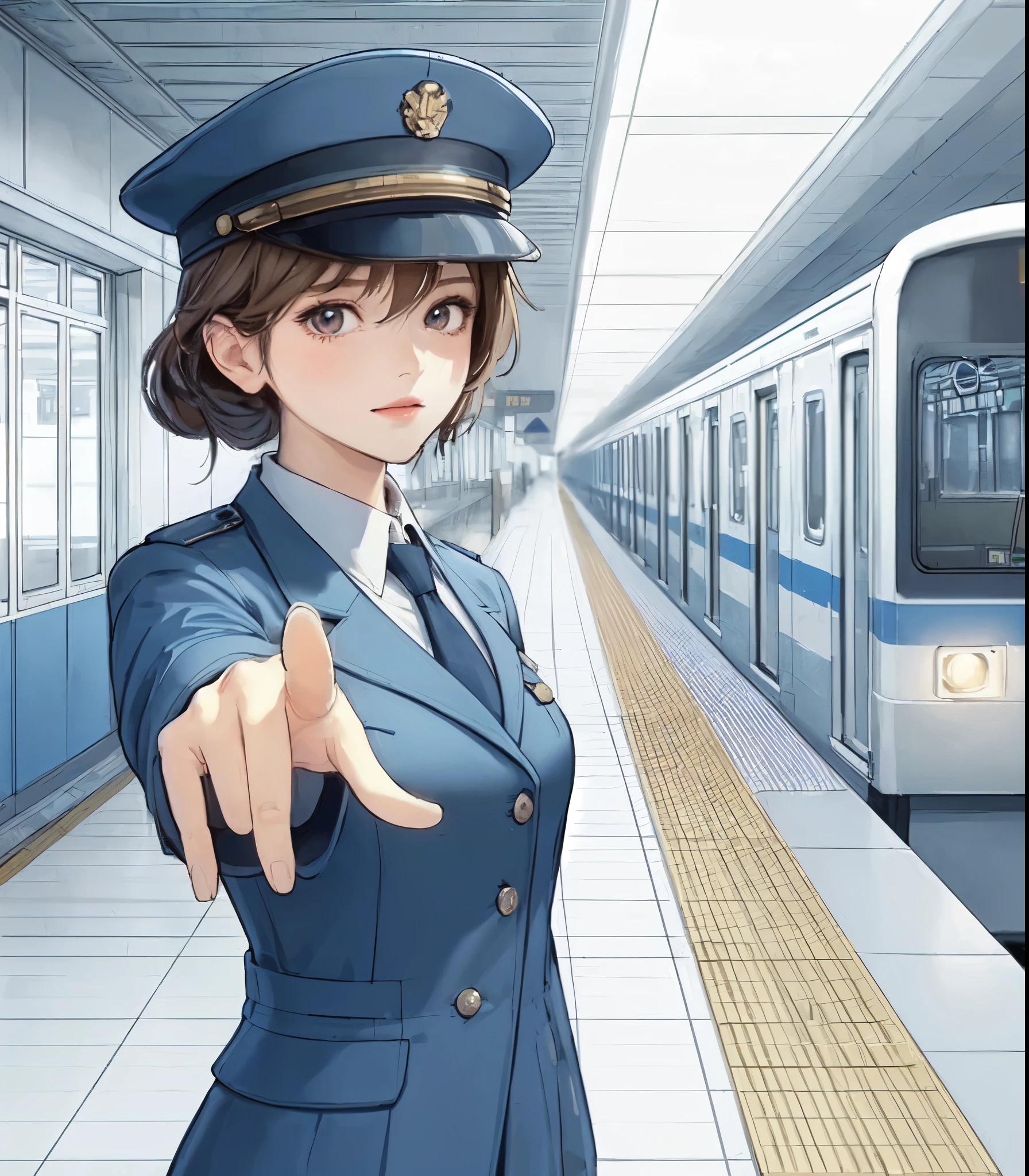 1lady solo, standing, (extending arm toward viewers:1.1) (pointing with index finger:1.2), (conductor) (calm blue uniform) hat, mature female, /(light brown hair/) bangs, (light smile:0.6), (masterpiece best quality:1.2) delicate illustration ultra-detailed, large breasts BREAK (subway station platform:1.2) indoors, (stopped train), ceiling, detailed background