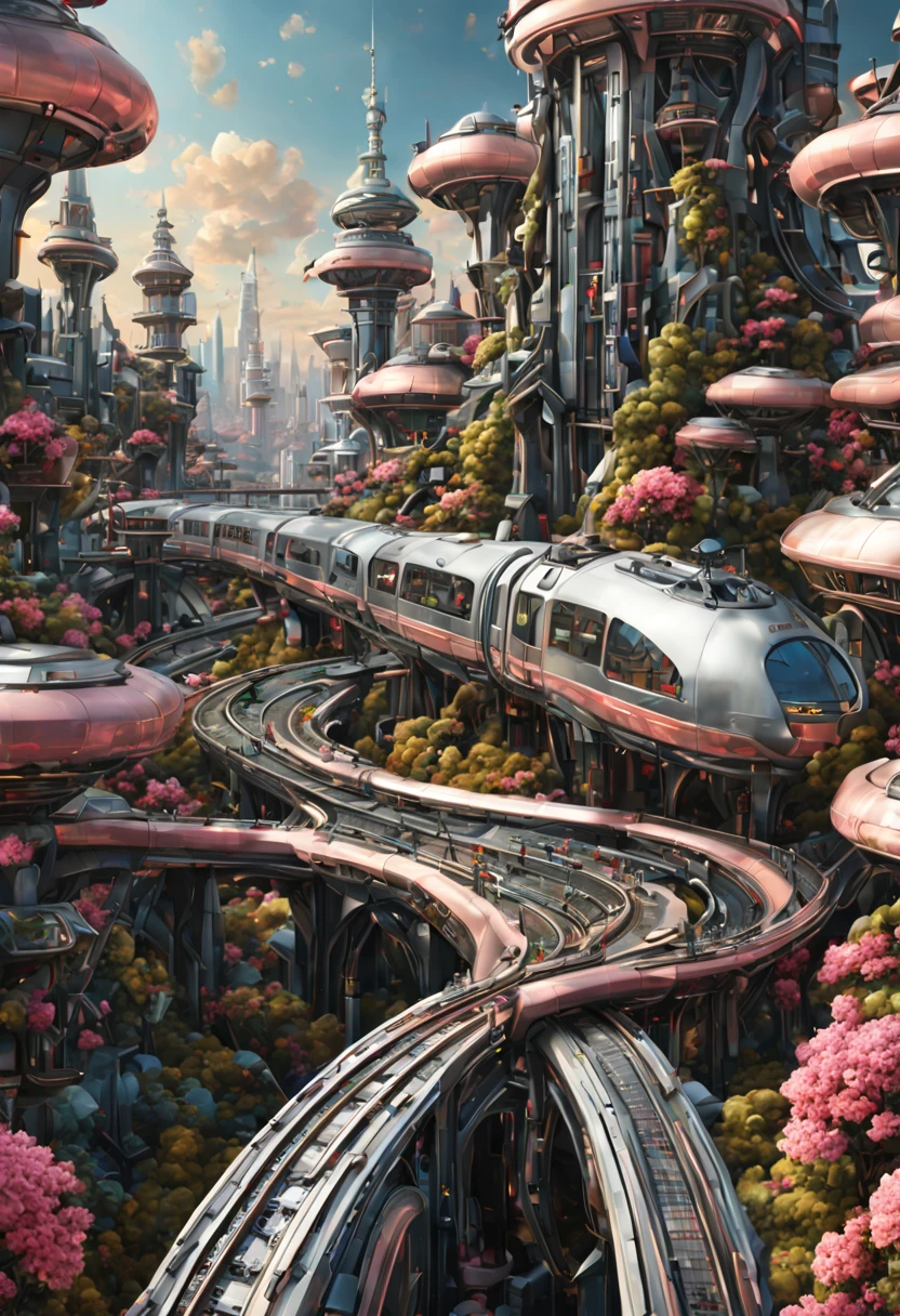High-tech future train(close up)  Intricate details rosy station as background whimsical fantasy landscape art futuristic futuristic city background creativity,unique style,Attention to detail, top quality imagination, Best quality HD details, Ultra-detailed
