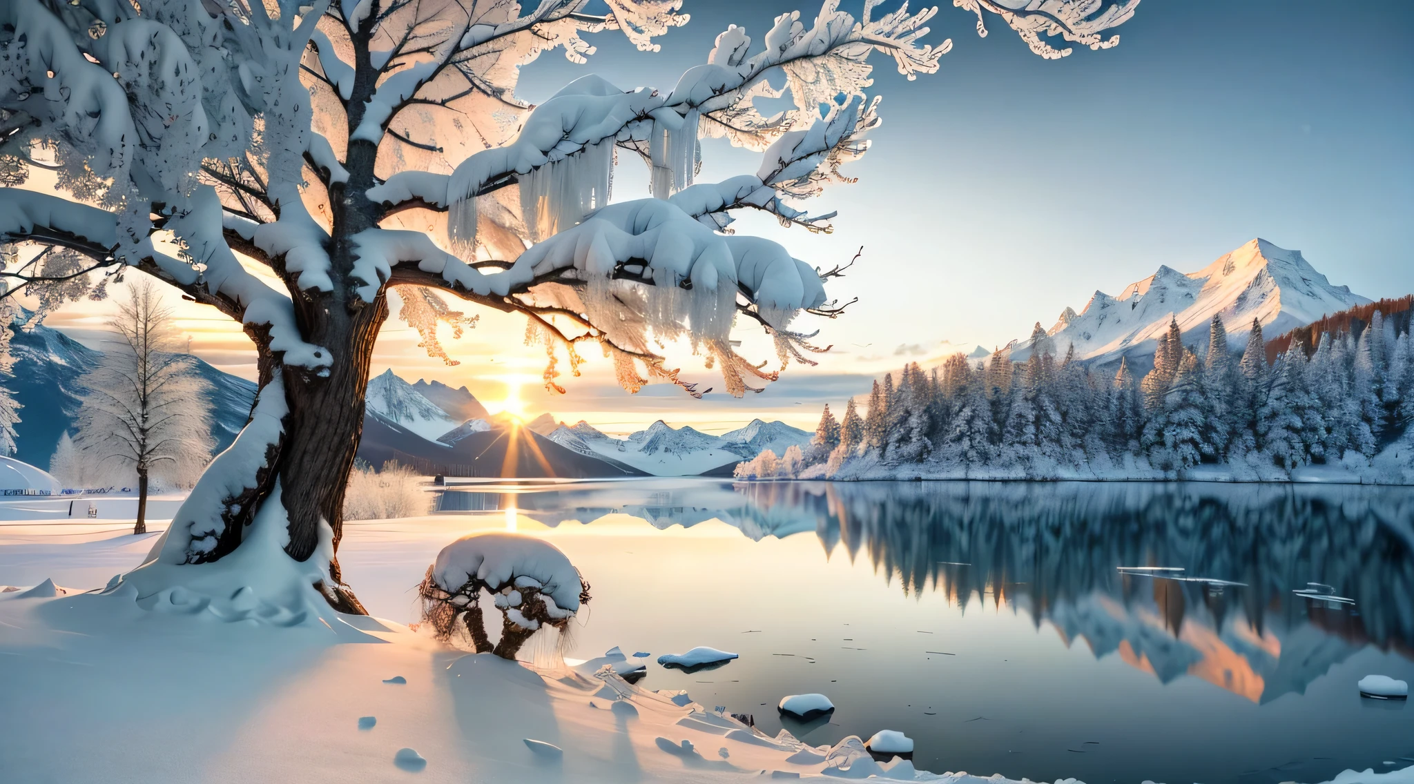 a tree in the snow next to a lake with a mountain in the background, winter lake setting, warm beautiful scene, beautiful winter area, beautiful snowy landscape, winter setting, cold but beautiful, winter season, beautiful wallpaper, hd wallpaper, snowy winter, really beautiful nature, very beautiful scenery, ice snowy lake setting, beautiful detailed scene, very beautiful photo, icy lake setting