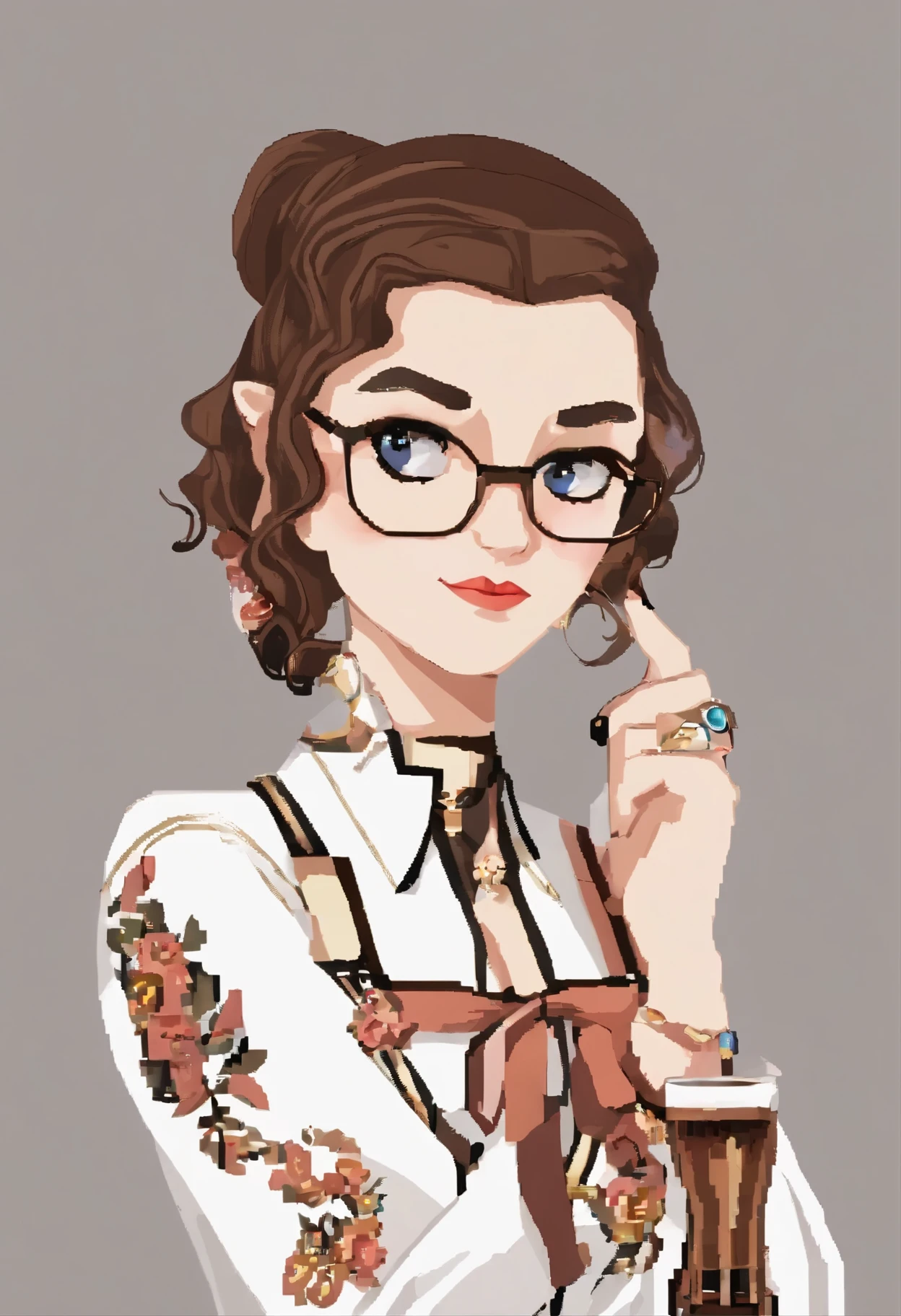 (8k, best quality, masterpiece:1,2), (realistic, photo-realistic:1,37), top quality, masterpiece, a beautiful woman, want to drink coffee, a coffee cup, elegant style. Indonesian women's style, clean white skin, beautiful eyes, medium hair, wears a watch