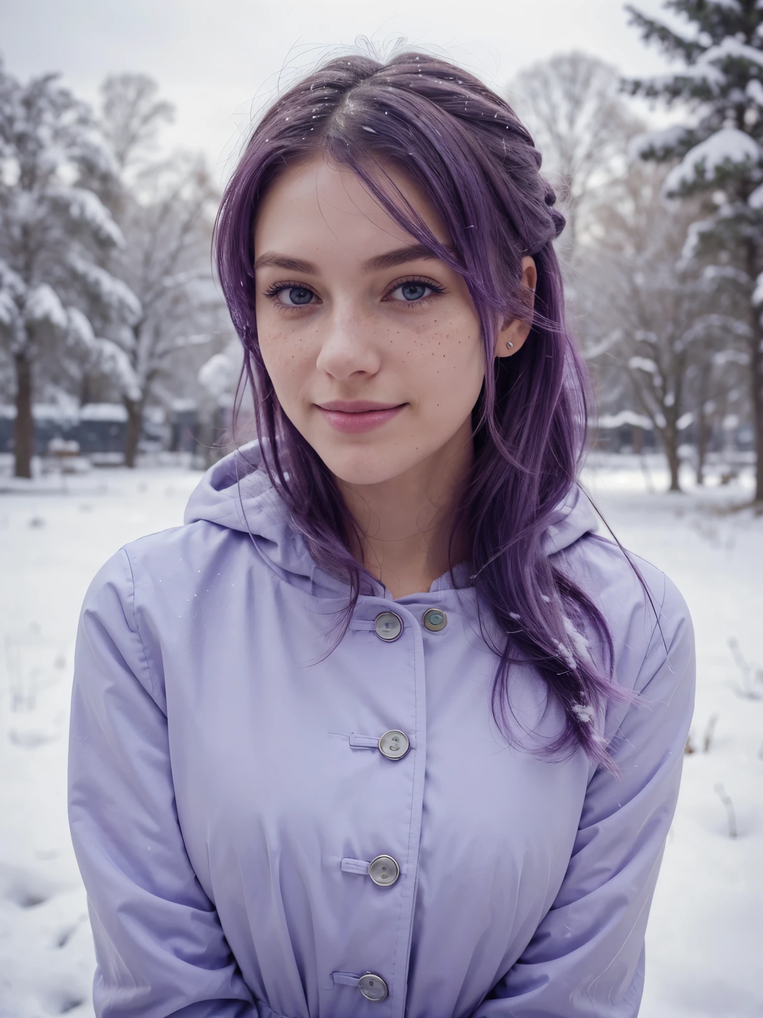 close up portrait, 25 year old girl, one girl, smiling, side view perspective, freckles on face, ultra realistic, Kodak look, 165cm tall, low contrast, filmgrain, in snowy field, snow, cold lighting, blue lighting, wearing purple winter jacket, winter clothing, morning, high cheek bones, big dark blue eyes, shoulder long hair, lilac pastel colored hair, lilac hair, slim waist, safe for work