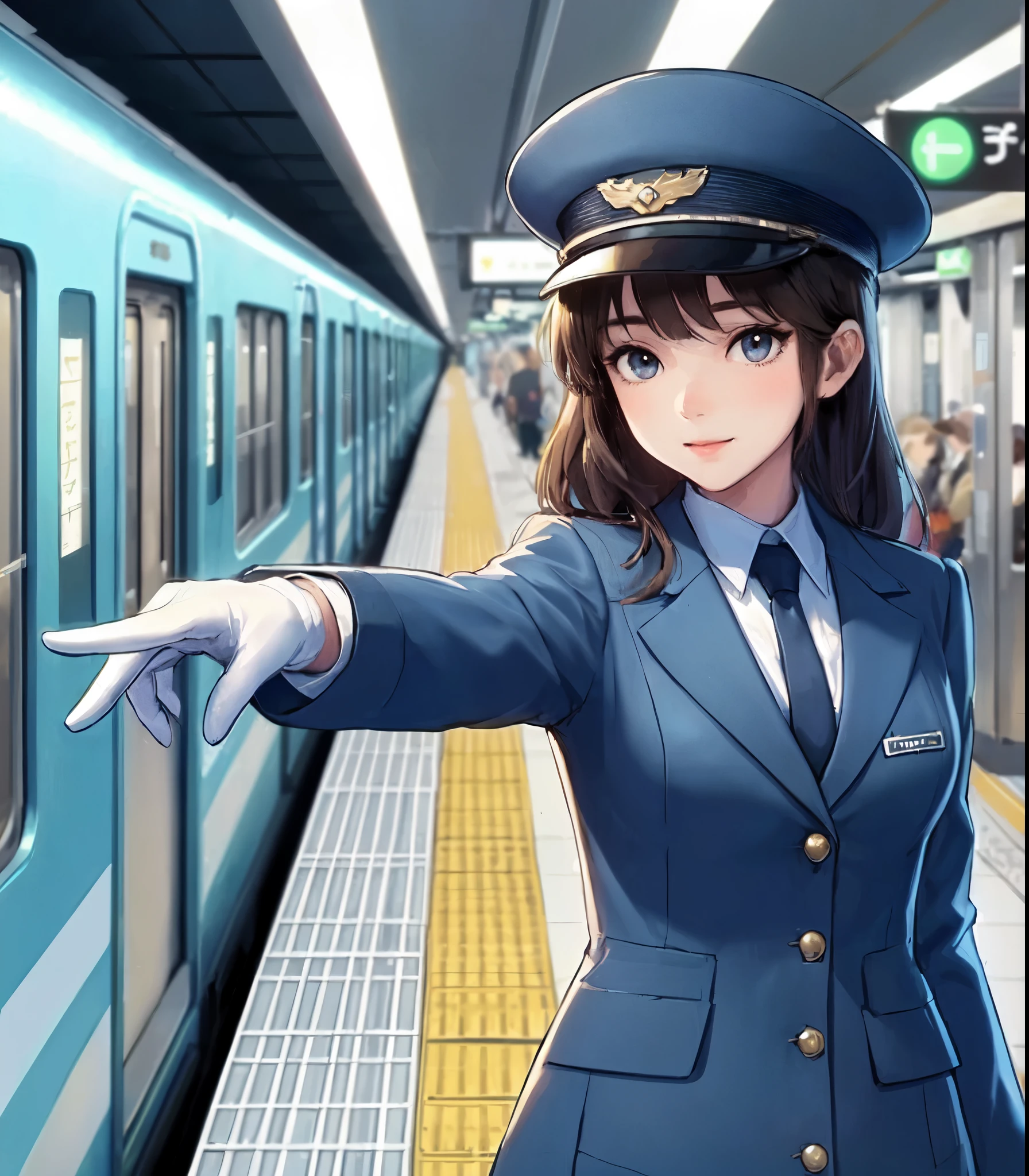 1lady solo, standing, (extending arm toward viewers:1.1) (pointing with index finger:1.2), (conductor) (calm blue uniform) hat, mature female, /(dark brown hair/) bangs, (light smile:0.8), (masterpiece best quality:1.2) delicate illustration ultra-detailed, large breasts BREAK (subway station platform:1.2) indoors, (stopped train), ceiling, detailed background