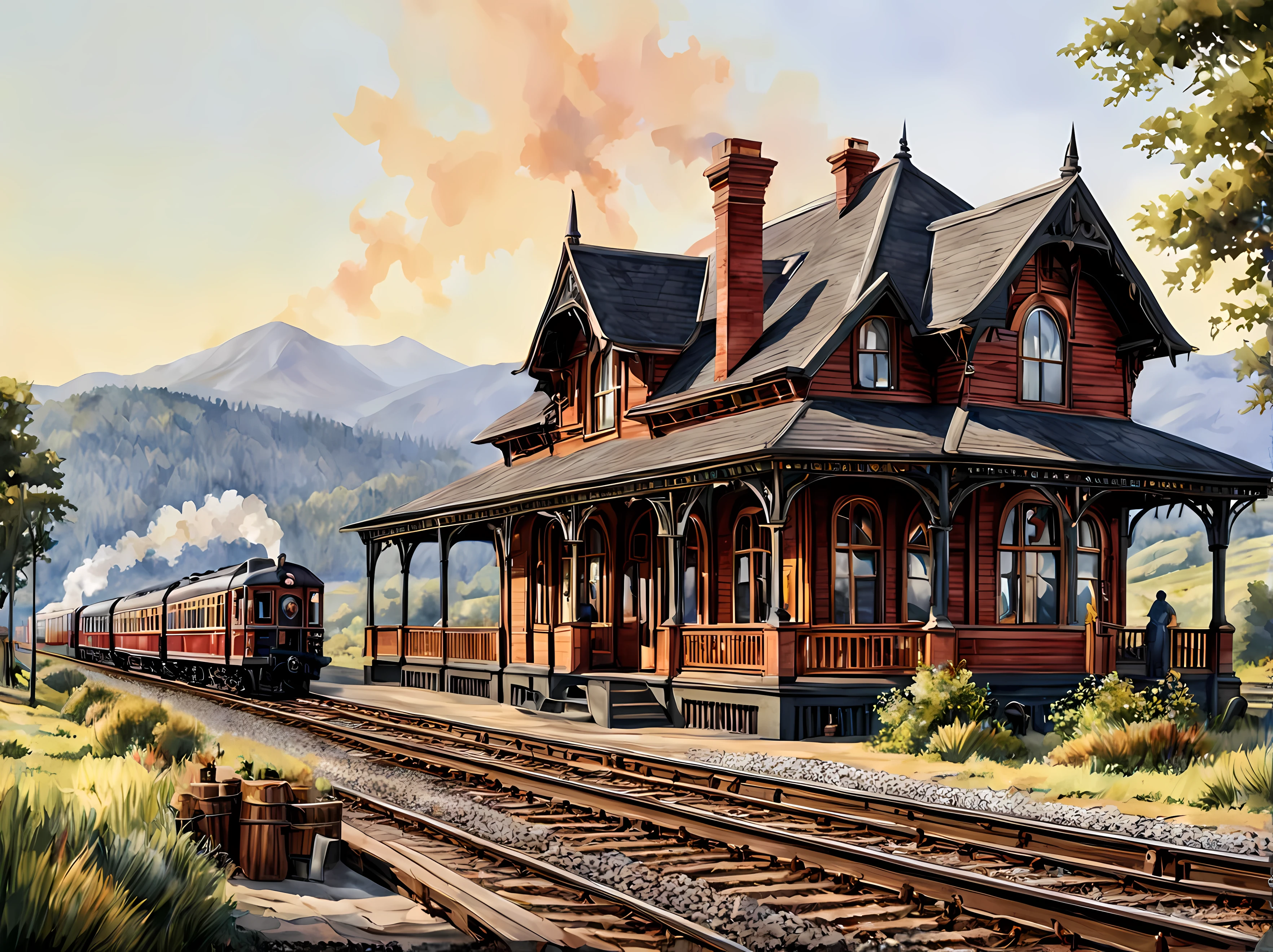 Pixel art, a captivating scene of a vintage train station with an old-fashioned steam locomotive, the Victorian-era architecture, wooden platform, a beautiful backdrop with rolling hills, passengers boarding the train, nostalgic ambiance, masterpiece in maximum 16K resolution, superb quality. | ((More_Detail))