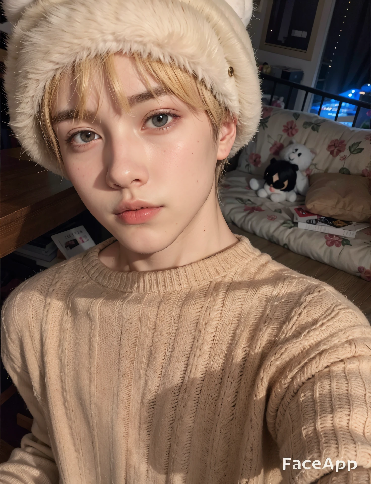 arafed boy with furry hat and sweater taking a selfie, pintar ulzzang, cai xukun, kim doyoung, jinyoung shin, ulzzang, sakimichan, inspirado en jeonseok lee, xqc, pale korean adorable face, hong junio hyung, Inspirado por hyung tae, chico surcoreano, blonde hair, rostro adorable, angelical, doll face, perfecto, pale and beautiful
