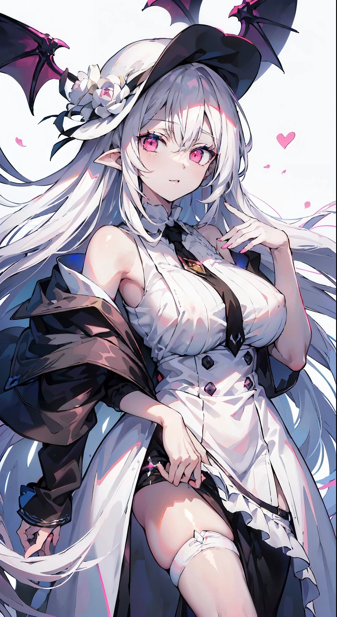 anime girl，long white hair，black cloak，white skirt, White hair deity, azure lane style, From Girls Frontline, White hair, kushat krentz critical art women, 《azur lane》role in, White hair lady, from Arknights, White-haired, perfect White hair girl, fleet collection style, from《azur lane》Electronic games，Young girls, dark skin, long white hair，Pink fork, pink eyes, giggle, vampire, White regal dress, sleeveless, open breast, masterpiece, high quality