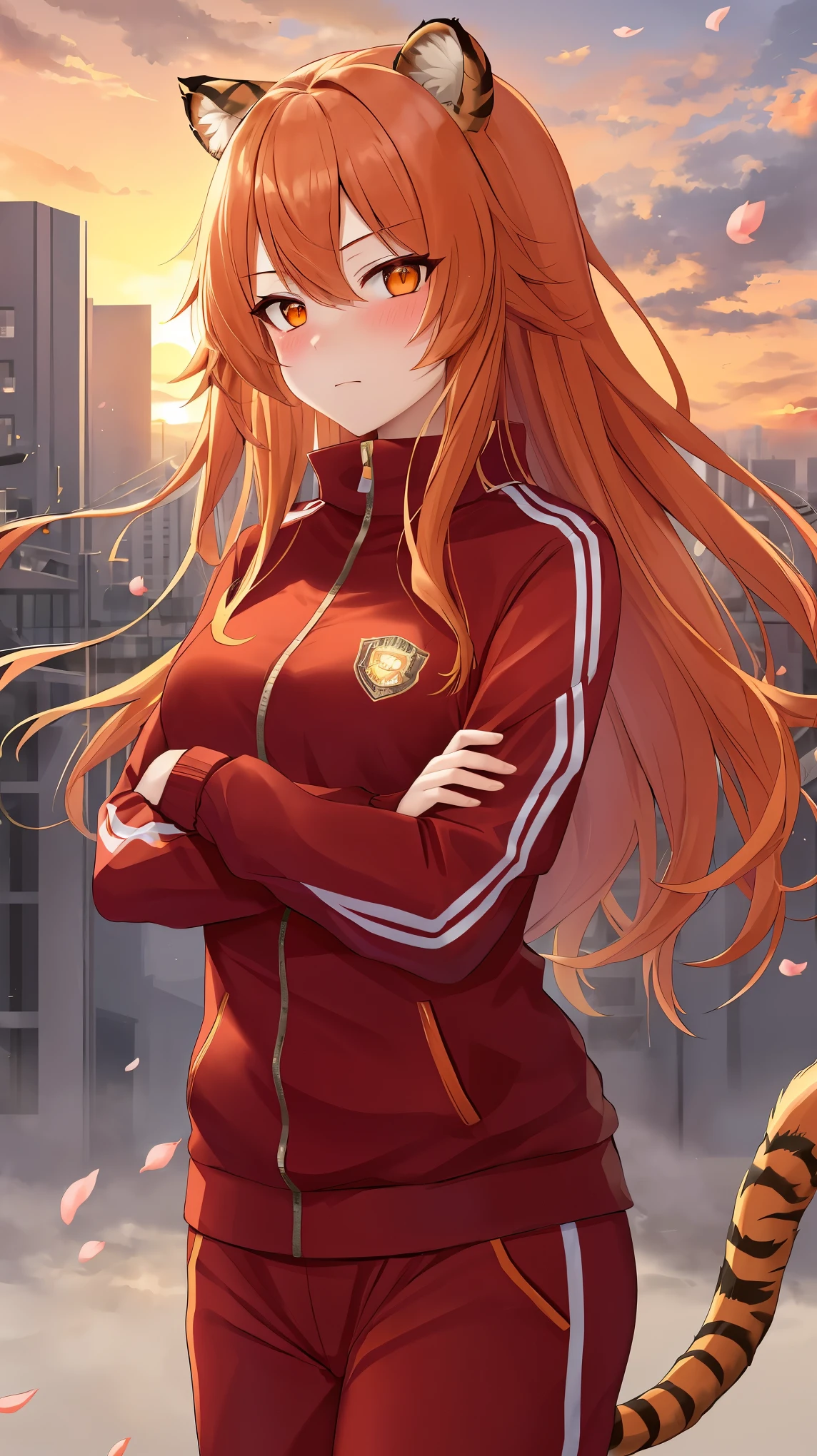 (masterpiece), best quality, expressive eyes, perfect face, details, solo, tiger girl, tiger ears, tiger tail, long hair, bushy hair, orange hair, orange eyes, orange tracksuit, city, outside, cloudy, cherry blossom, sunset, crossed arms, blush
