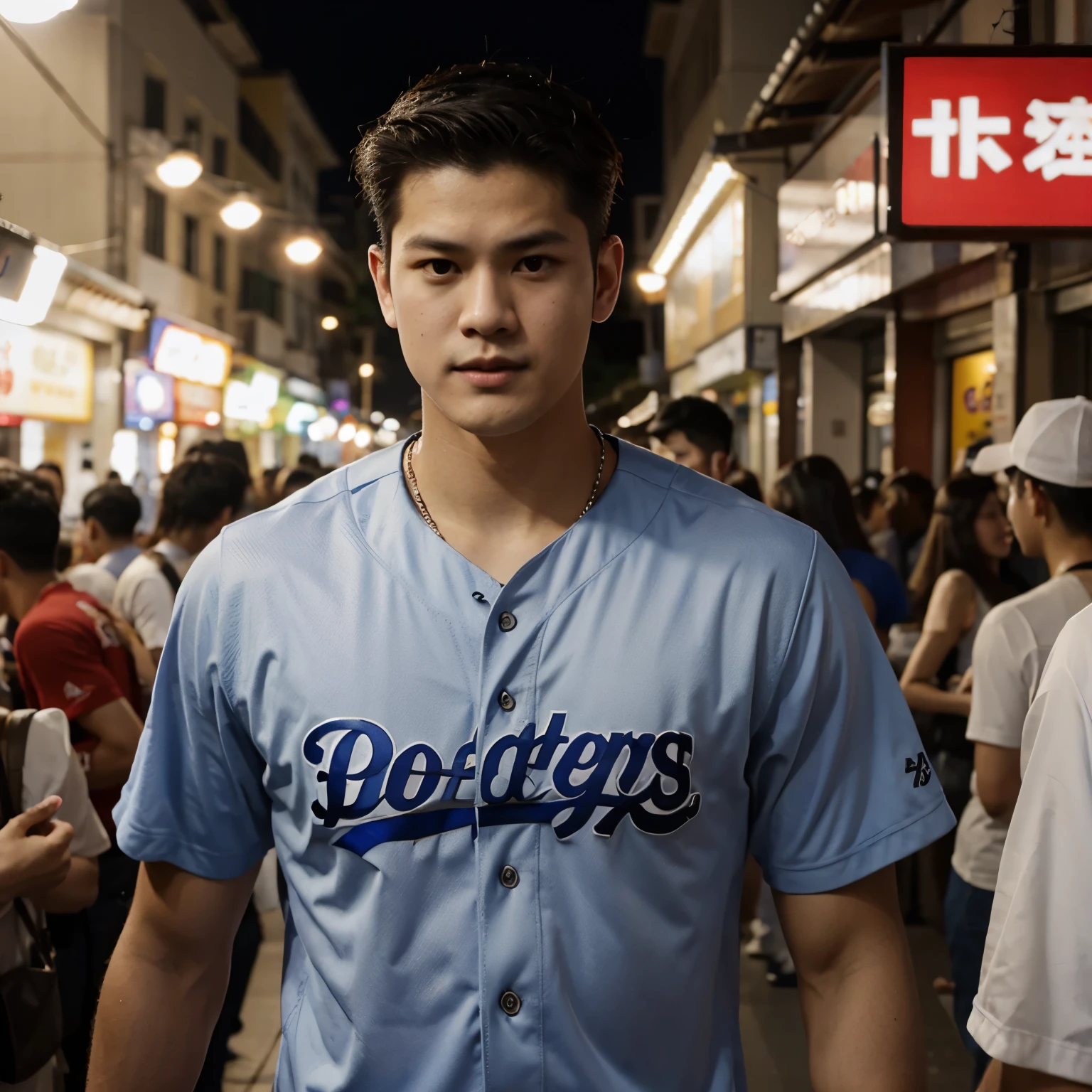 Shohei Ohtani wears a Dodgers jersey while shopping at a Taiwan night market