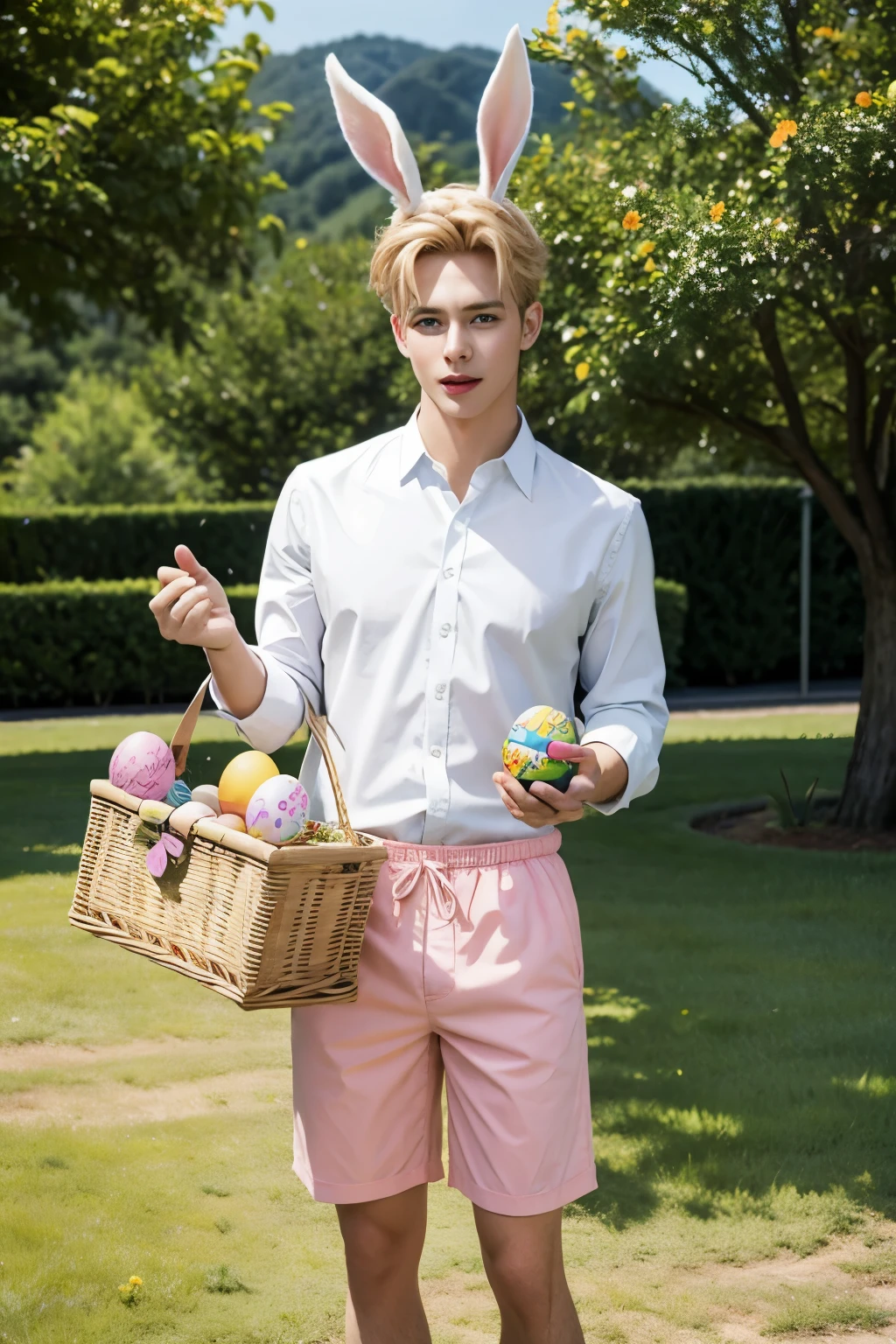 Create a captivating Easter tableau showcasing a strikingly attractive young model amidst a picturesque grassy field. Dressed solely in cute pastel-colored underwear, complemented by delightful bunny ears atop his head, he exudes charm and allure. With meticulous attention to detail, emphasize the model’s beautiful features, including his stylish blonde hair and mesmerizing blue eyes. Let the scene radiate the essence of spring, with a carefully curated selection of Easter-themed elements, such as a large, intricately decorated Easter egg clasped in his hand, and a bountiful Easter basket brimming with colorful delights nearby. Ensure the colors are vibrant, evoking the joy and vibrancy of Easter.
