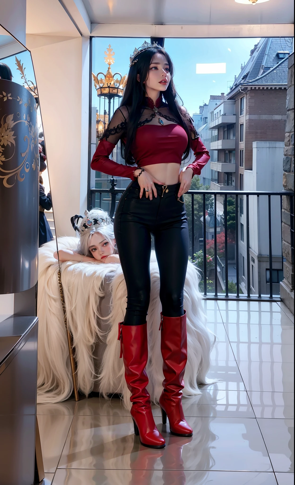 Royal sister,exquisite eyes,Frozen queen,put the crown on your head,Detailed facial expressions body,tall figure,Gorgeous,Leg length,4k,HD,Sensual,translucent lace,白皙plump figure,pretty face,Little cherry mouth,beautiful and delicious(3D royal sister),plump figure,gloss gel coat,Queen in luxurious dress,Crystal Gem Crown,Angel of light in armor,Wear red high-heeled boots,