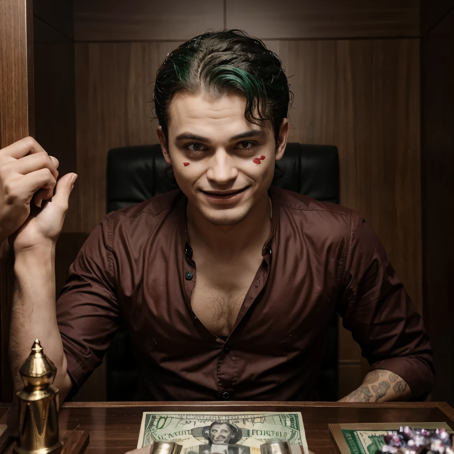 Crie a imagem do coringa bem realista em um cassino com milhares de dolares voando ele possui um sorriso pertubardor em seu rosto e armas dd fogo na mesa