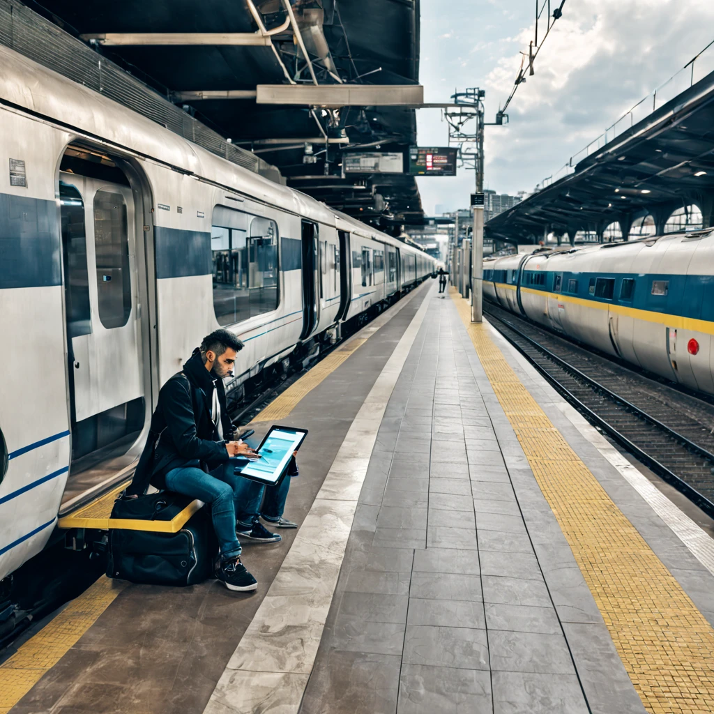 (Cyberpunk) An extremely high technology Train Station with many comforts and distractions for people waiting on the train