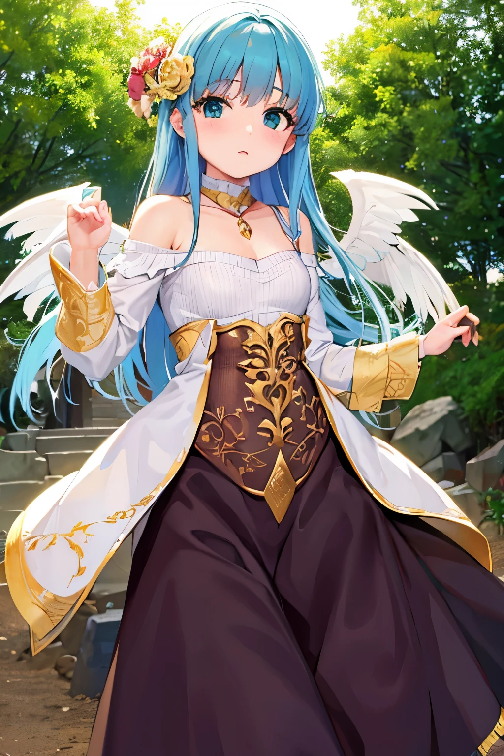Cabello largo plateado, ojos verdes, headband, corset, skirt, flat breast, necklace, wings, ram horns, sonrisa, happy, abdomen lindo, muslos hermosos, forest