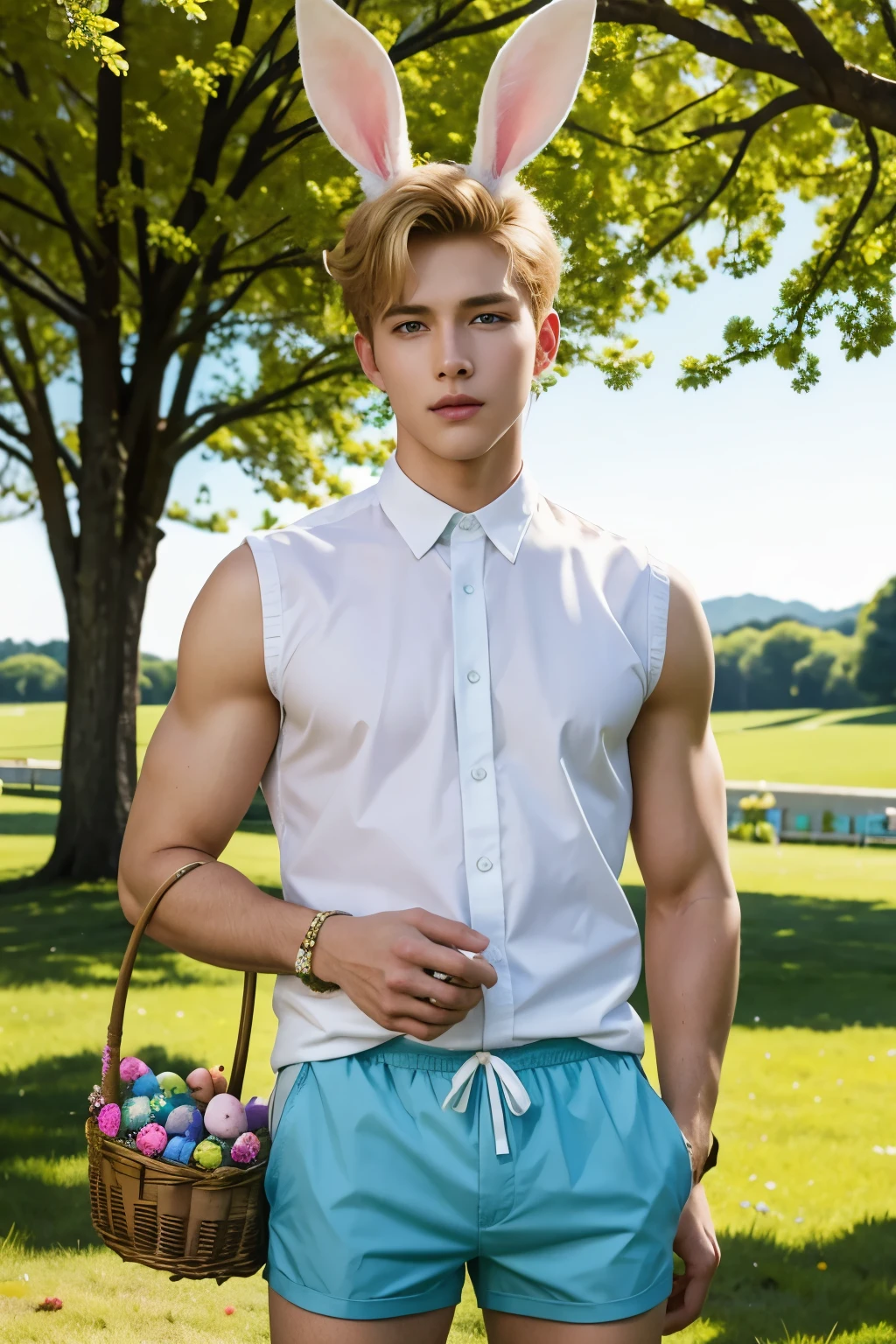 Create a captivating Easter tableau showcasing a strikingly attractive young model amidst a picturesque grassy field. Dressed solely in cute pastel-colored underwear, complemented by delightful bunny ears atop his head, he exudes charm and allure. With meticulous attention to detail, emphasize the model’s beautiful features, including his stylish blonde hair and mesmerizing blue eyes. Let the scene radiate the essence of spring, with a carefully curated selection of Easter-themed elements, such as a large, intricately decorated Easter egg clasped in his hand, and a bountiful Easter basket brimming with colorful delights nearby. Ensure the colors are vibrant, evoking the joy and vibrancy of Easter.