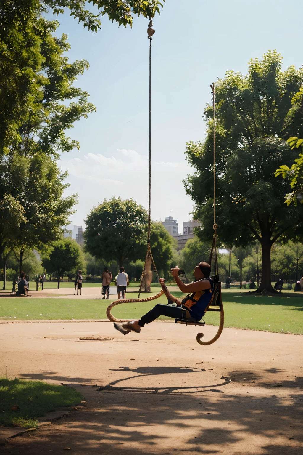 A monkey and a snake are swinging in the park,flat style