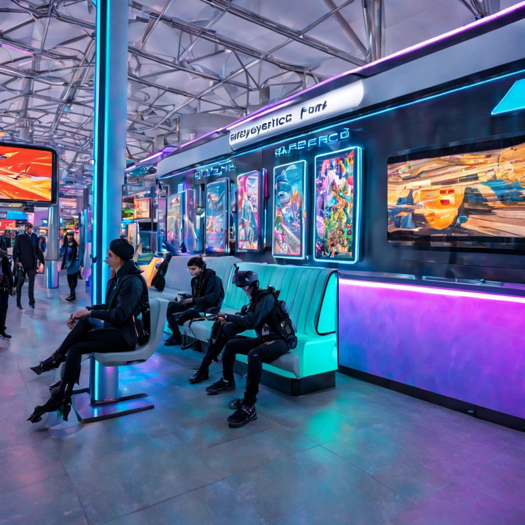 (best quality,4k,8k,highres,masterpiece:1.2),ultra-detailed,(realistic,photorealistic,photo-realistic:1.37), neon-lit, (futuristic, hi-tech:1.1), (cyberpunk) Train Station, bustling and lively, crowded with people, (busy, chaotic, energetic, vibrant:1.1) atmosphere. 

The station is filled with modern amenities and luxurious comforts, (sleek, polished, sleek:1.1) platforms, (high-speed, high-tech:1.1) trains waiting to depart. The architecture is a blend of (ultra-modern, futuristic:1.1) design elements and (industrial, rugged:0.9) materials, featuring (glass panels, metal frames, concrete pillars:1.1) that reach towards the sky. 

The main entrance is adorned with towering (holographic, digital:1.1) billboards displaying advertisements and futuristic art exhibitions. Inside, (glimmering, holographic:1.1) signs direct passengers to different platforms and facilities. 

The interior is lined with shops and stalls, offering a variety of (gourmet, artisan:1.1) food, (fashionable, trendy:1.1) clothing, and (cutting-edge, advanced:1.1) technology. The air is filled with the aroma of (exotic, aromatic:1.1) street food, blending with the sound of (chattering, excited:1.1) voices and the hum of (electronic, futuristic:1.1) music. 

Passengers can relax in (comfortable, plush:1.1) seating areas, equipped with (state-of-the-art, high-end:1.1) entertainment systems and (virtual reality, immersive:1.1) experiences. The walls are adorned with interactive (digital art, mesmerizing displays:1.1), showcasing stunning (cyberpunk, futuristic:1.1) visuals and (explosive, vibrant:1.1) colors. 

The station also houses (virtual reality, augmented reality:1.1) arcades, where people can enjoy thrilling (immersive, adrenaline-pumping:1.1) gaming experiences. There are (cosplay, futuristic:1.1) shops, allowing visitors to transform themselves into futuristic characters, complete with (glowing, neon:1.1) outfits and (cybernetic, robotic:1.1) enhancements. 

The train platforms are illuminated by (striking, neon:1.1) lights, casting vibrant colors on the waiting passengers. High-speed trains arrive and depart in a spectacle of (speed, power:1.1), their sleek designs reflecting the advanced technology of the (cyberpunk) world. 

As night falls, the station transforms into a (luminous, vibrant:1.1) beacon of (cyberpunk) energy, with the neon lights illuminating the surrounding area. The city skyline in the distance is a dramatic backdrop, filled with towering (skyscrapers, holographic buildings:1.1) and (futuristic, flying:1.1) vehicles. 

In this (cyberpunk) train station, the convergence of technology and art creates an immersive and captivating experience for all who visit, offering a glimpse into a (dystopian, futuristic:1.1) world where possibilities are endless.