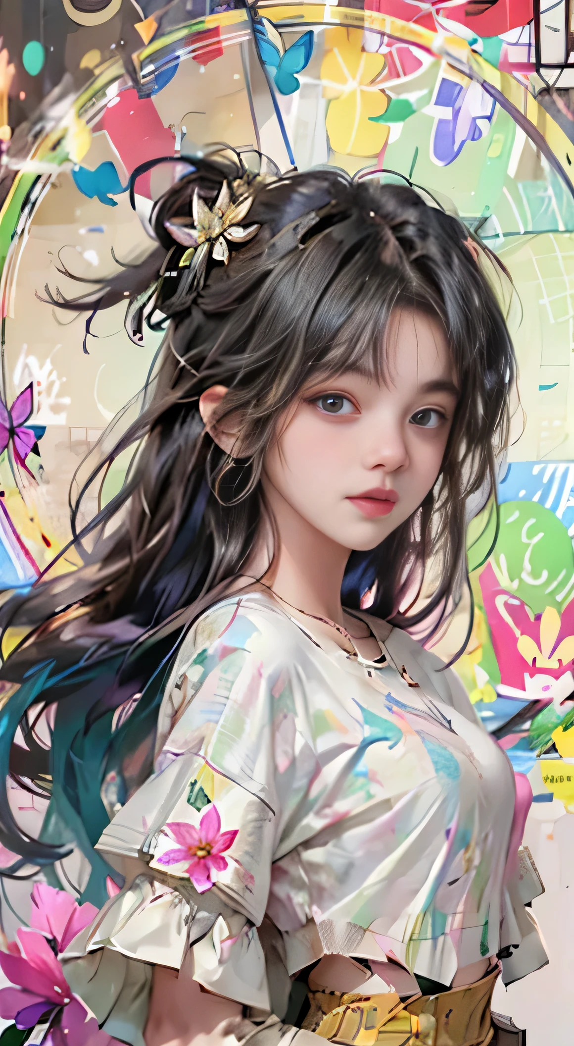 (masterpiece:1.1), (highest quality:1.1), (HDR:1.0), ambient light, ultra-high quality,( ultra detailed original illustration), (1girl, upper body), ((harajuku fashion)), ((flowers with human eyes, flower eyes)), double exposure, fusion of fluid abstract art, glitch, (original illustration composition), (fusion of limited color, maximalism artstyle, geometric artstyle, butterflies, junk art)