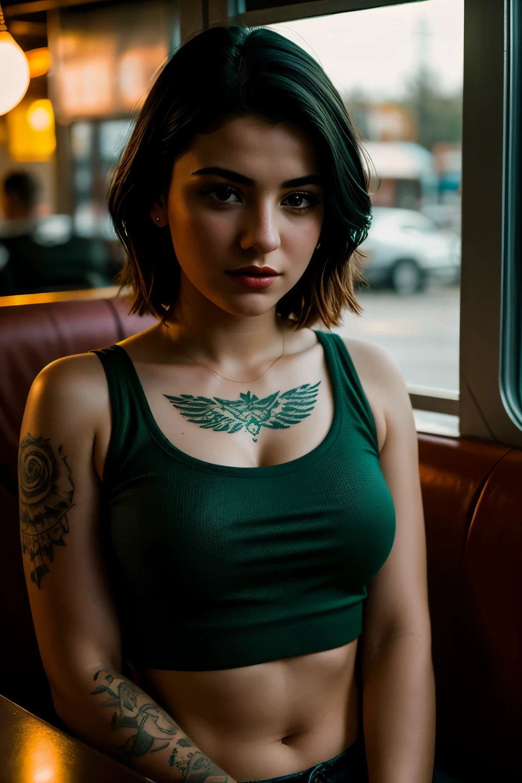 moody ethereal photography photo of a young angry (isidora_v2:0.95), croptop, textured skin, goosebumps, tattoos on her arms, sitting in a 50s diner, perfect eyes, (atmospheric lighting), bokeh, sharp focus on subject, green eye