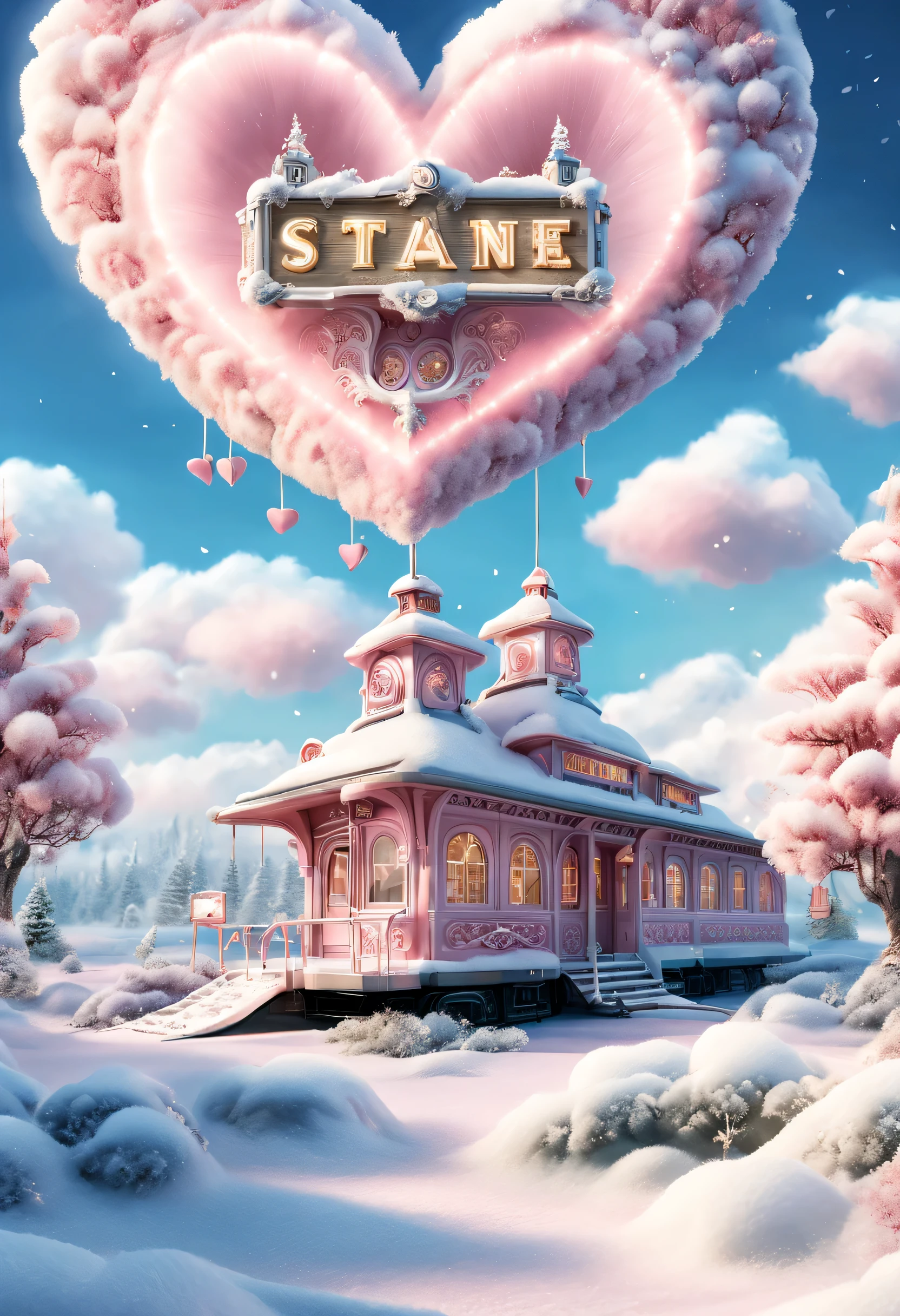 Scene design, Very unified CG design, a beautiful station (Floating train tracks stretch from ground to sky: 0.85), cloud, snow scene, (Warm pink station building: 0.98), "TRAIN STATION" Letter logo (A station sign stuck in the snow: 0.65), heart shaped love tree, Warm little station buildings on both sides of the signboard, thick snow, Front view, ultra wide angle lens, 8k, Ultra-clear, actual, Romantic, heavenly atmosphere, fantasy,