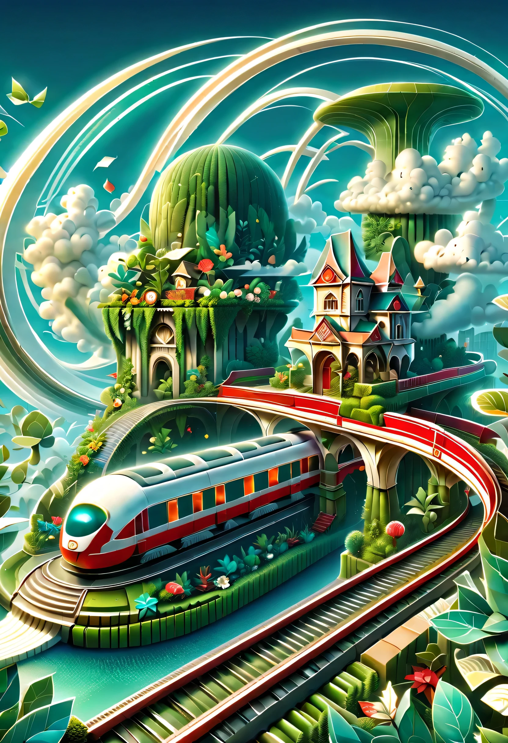 digital illustration，flat style，flat，3d，platform，magical station。The train arrives，platform，ancient building，curved track，Extra long red train station，train circling in the sky：1.37，By the train：1.37，Air orbit，cute elf，transparent train，A train full of plants，high-end，advanced，Clean，neat，