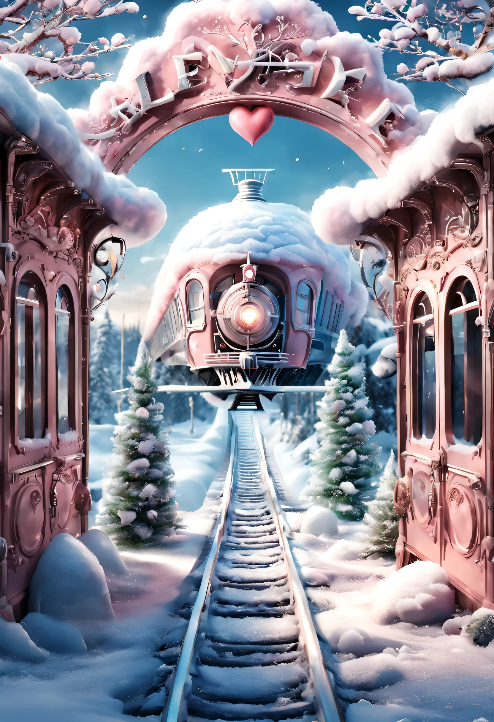 Scene design, Very unified CG design, a beautiful station (Floating train tracks stretch from ground to sky: 0.85), cloud, snow scene, (Warm pink station building: 0.98), "TRAIN STATION" Letter logo (A station sign stuck in the snow: 0.65), heart shaped love tree, Warm little station buildings on both sides of the signboard, thick snow, Front view, ultra wide angle lens, 8k, Ultra-clear, actual, Romantic, heavenly atmosphere, fantasy,