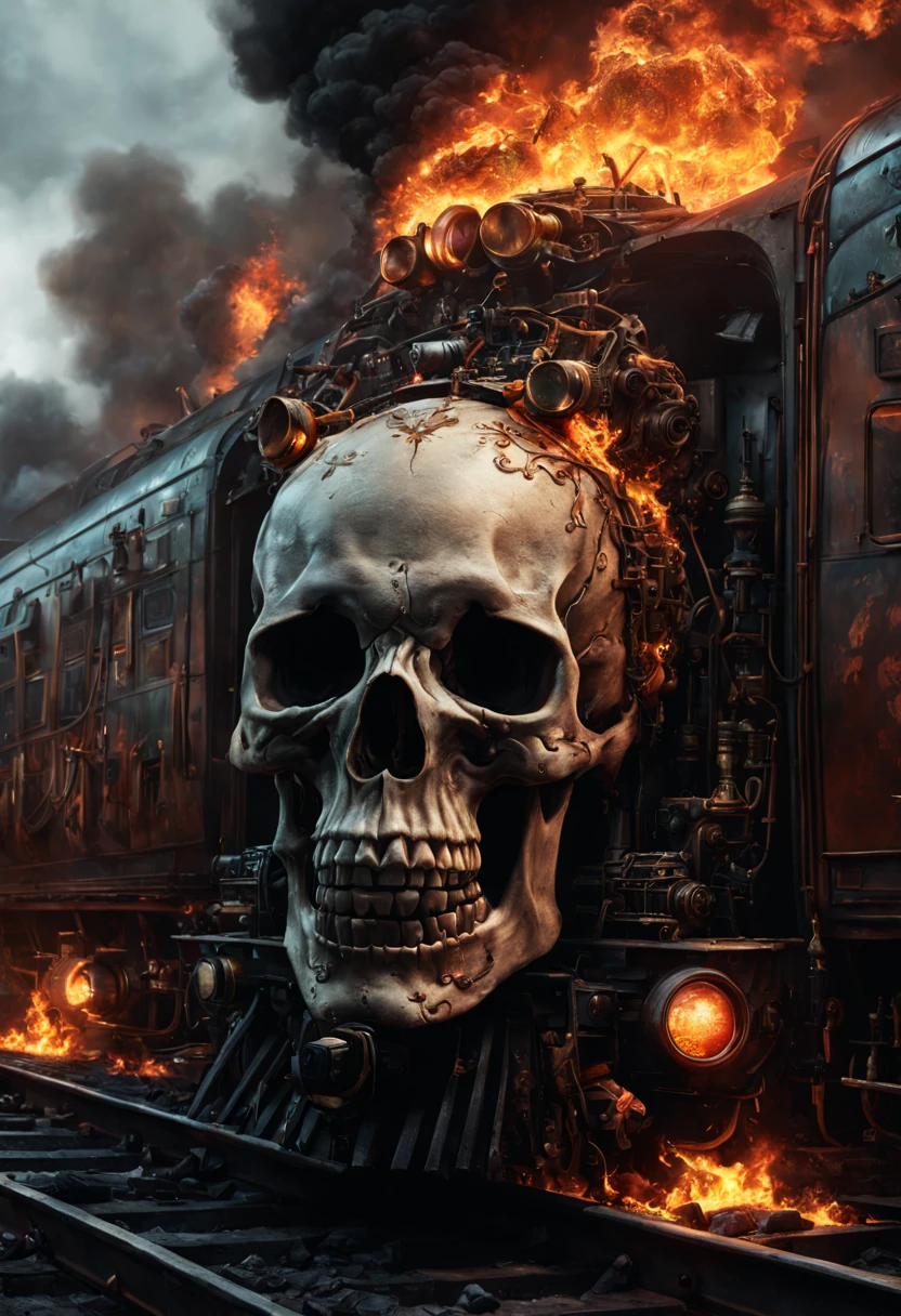 Train Station, aesthetic, HUMAN SKULL FLAMES TRAIN!!!! epic long hyperdetailed SKULL train on fire!!! EXPLOSION, HIGH FLAMeS, WRECK, hyperdetailed photorealistic matte painting 8k resolution concept art, intricate, ornate, by Mathias Kollros, Darek Zabrocki, Jean-Baptiste Monge, Ismail Inceoglu, Wadim Kashin, steampunk demonpunk, Epic cinematic brilliant stunning intricate meticulously detailed dramatic atmospheric maximalist digital matte painting, sinister by Greg Rutkowski trending on Artstation Unreal Engine 5