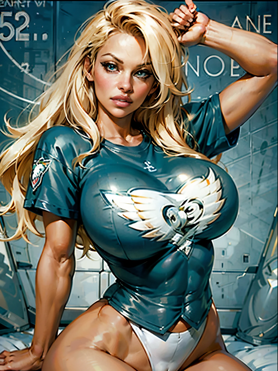 Pamela Anderson huge breasts blonde hair attractive face parted lips thick lips wearing philadelphia eagles shirt